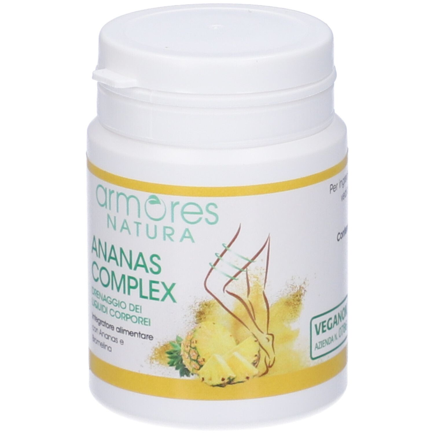 Flacone bianco con etichetta gialla. Scritta: Armores Natura, Ananas Complex. Immagine di ananas e gambe.