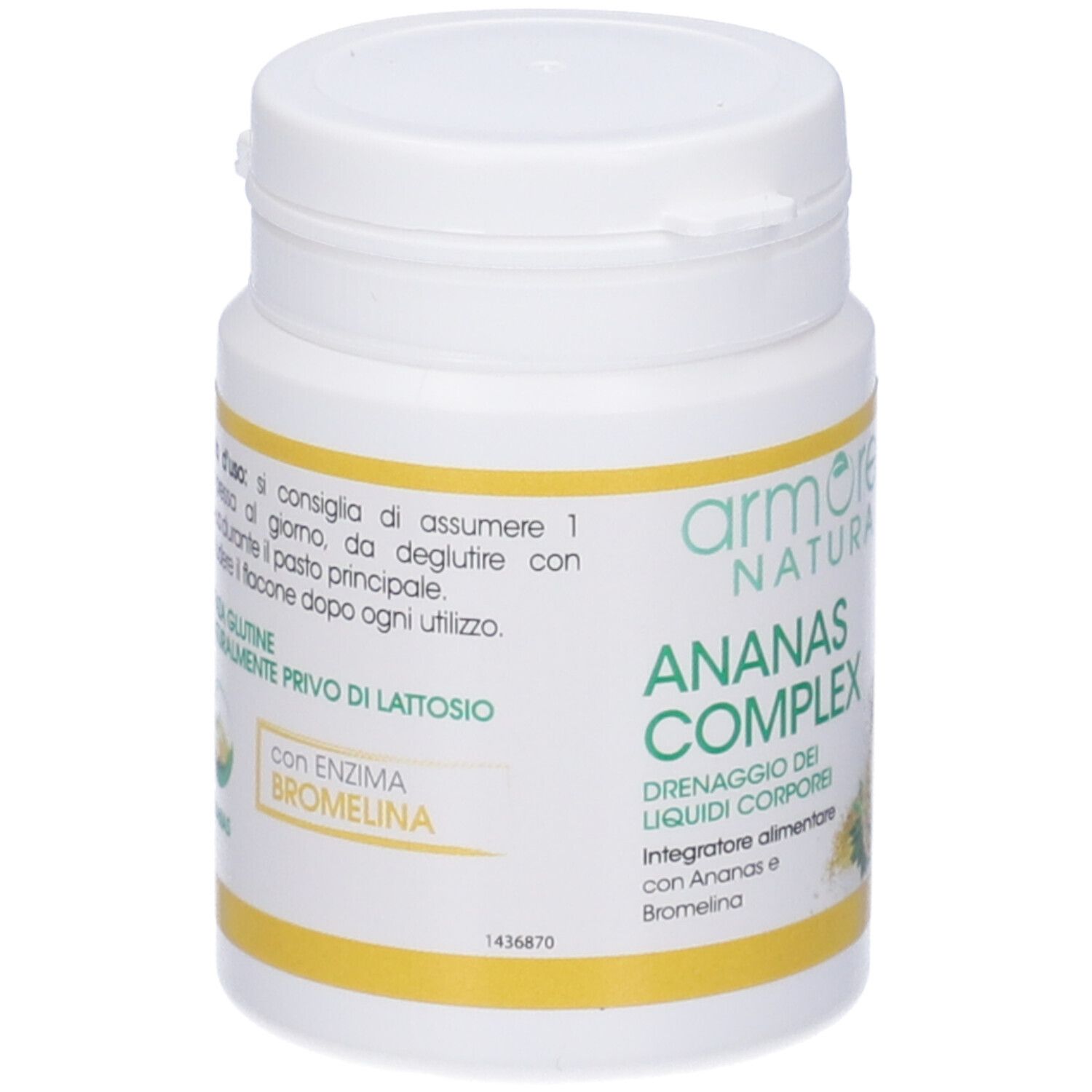 Flacone bianco con etichetta gialla. Scritta: Armores Natura, Ananas Complex. Contiene bromelina. Senza glutine, senza lattosio.