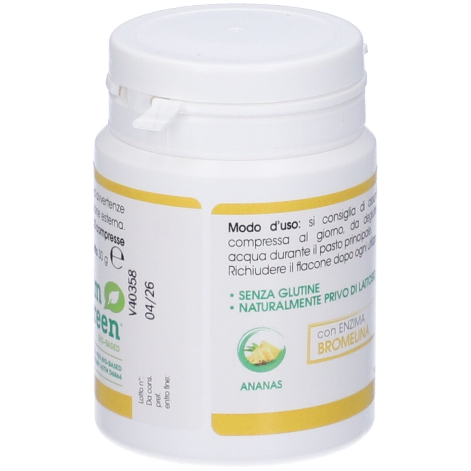 Flacone bianco con etichetta gialla. Scritta: I'm green, Veganok. Contiene ananas e bromelina. Senza glutine, senza lattosio.