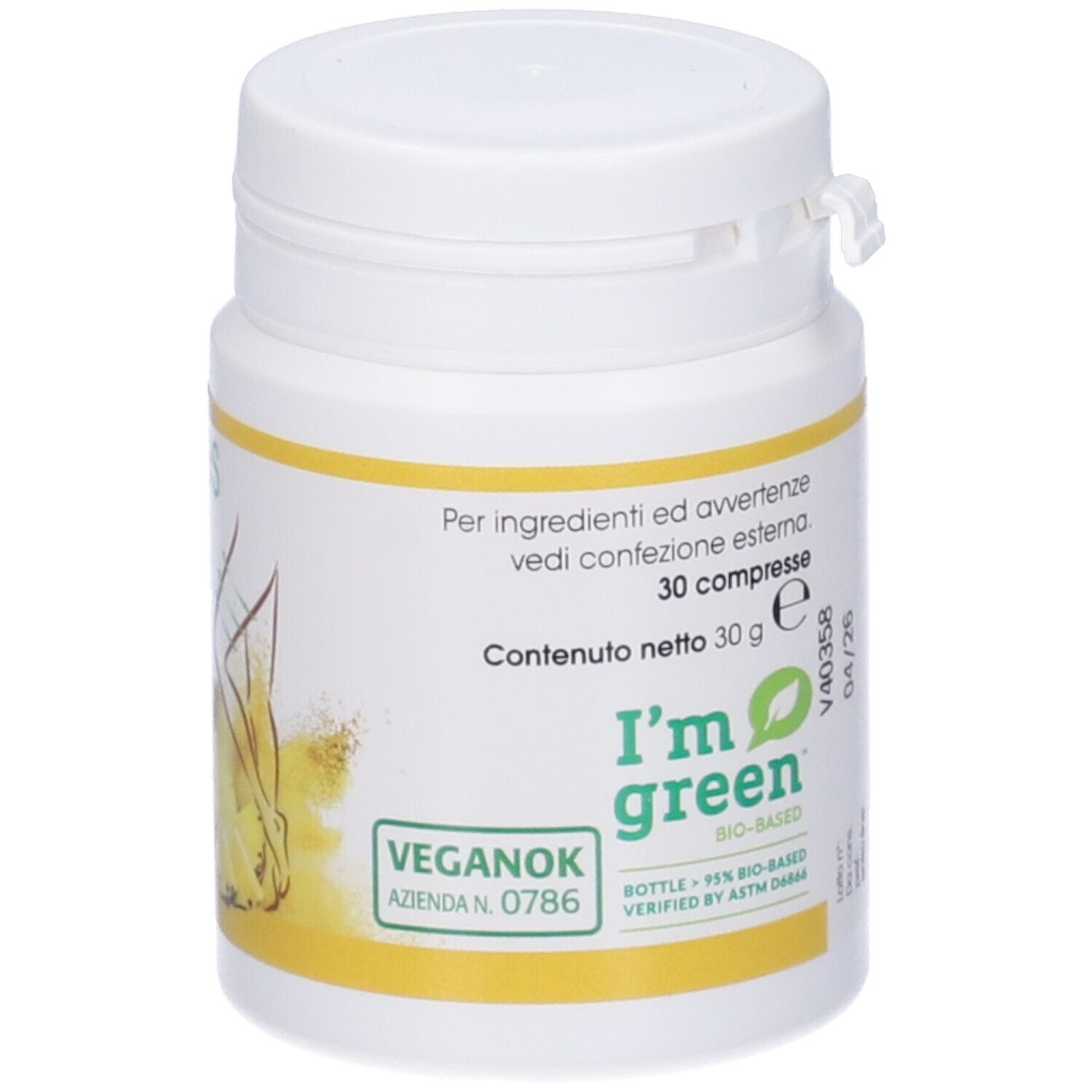 Flacone bianco con etichetta gialla. Scritta: I'm green, Veganok. Contiene 30 compresse. Bio-based.