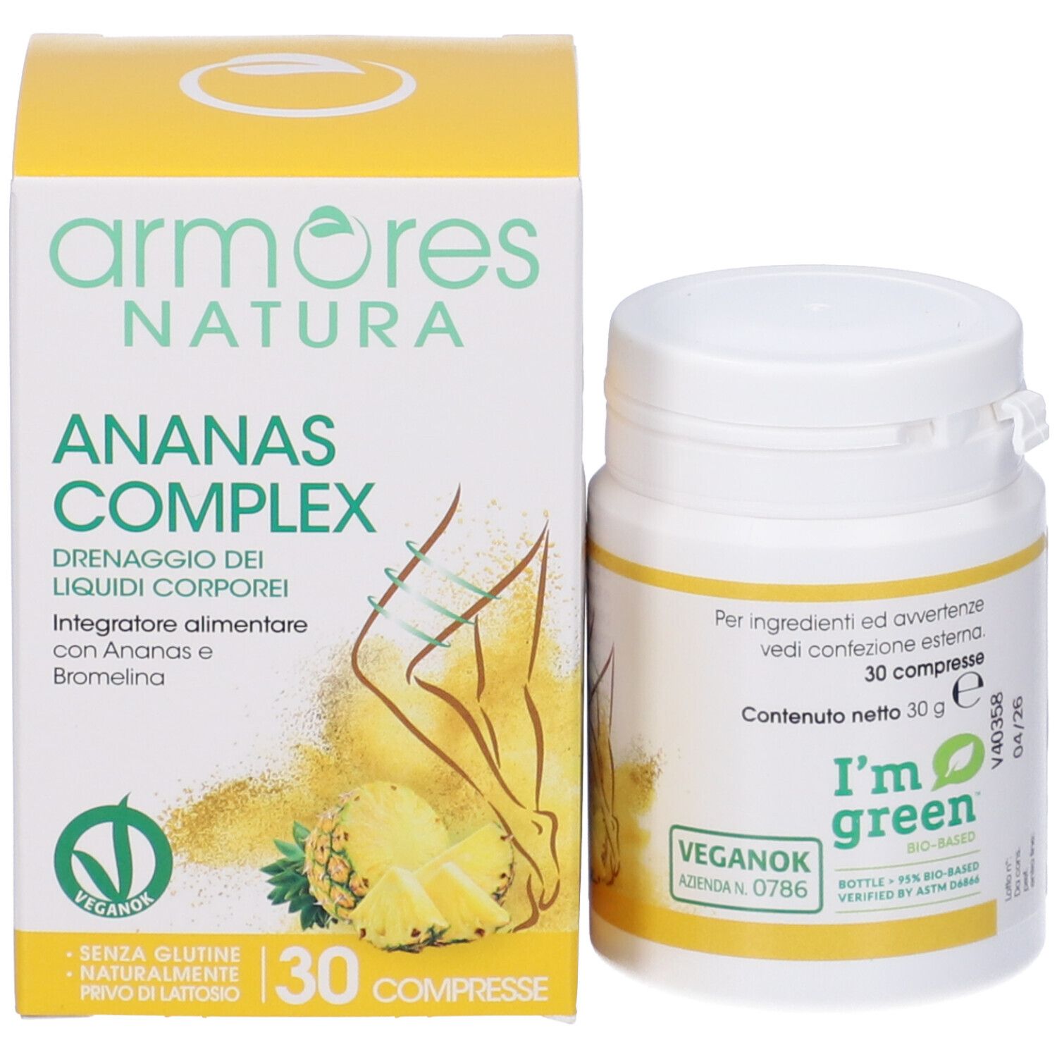 Confezione e flacone del prodotto. Scritta: Armores Natura, Ananas Complex. Contiene 30 compresse. Veganok.