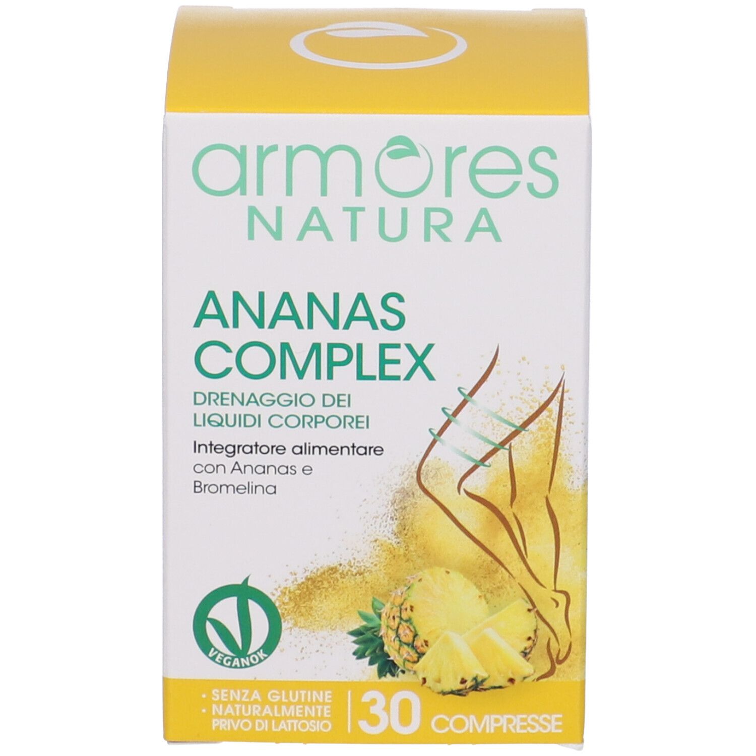 Confezione del prodotto. Scritta: Armores Natura, Ananas Complex. Contiene 30 compresse. Veganok.