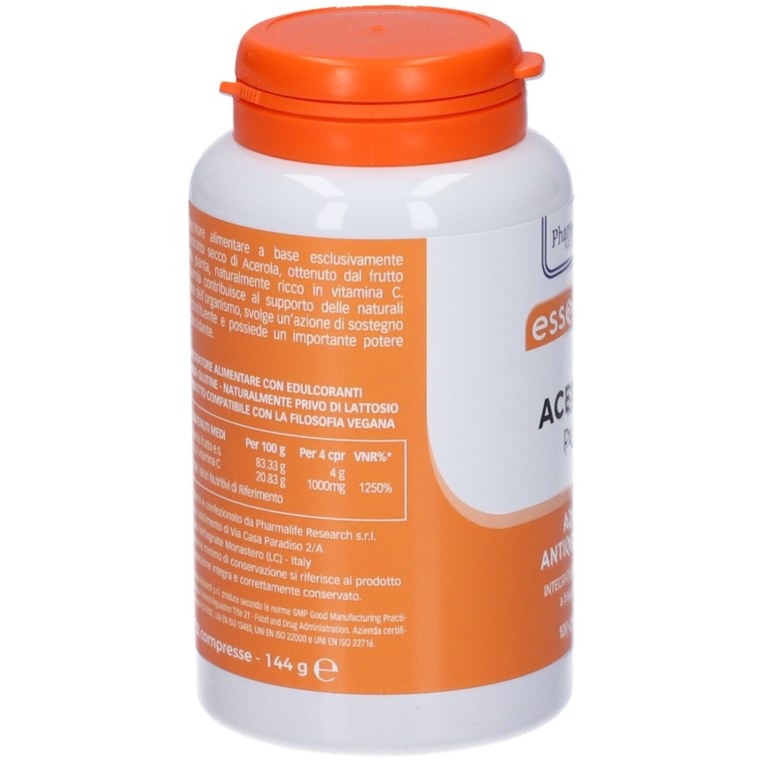 Retro del flacone bianco, tappo arancione. Testo con informazioni nutrizionali e ingredienti.