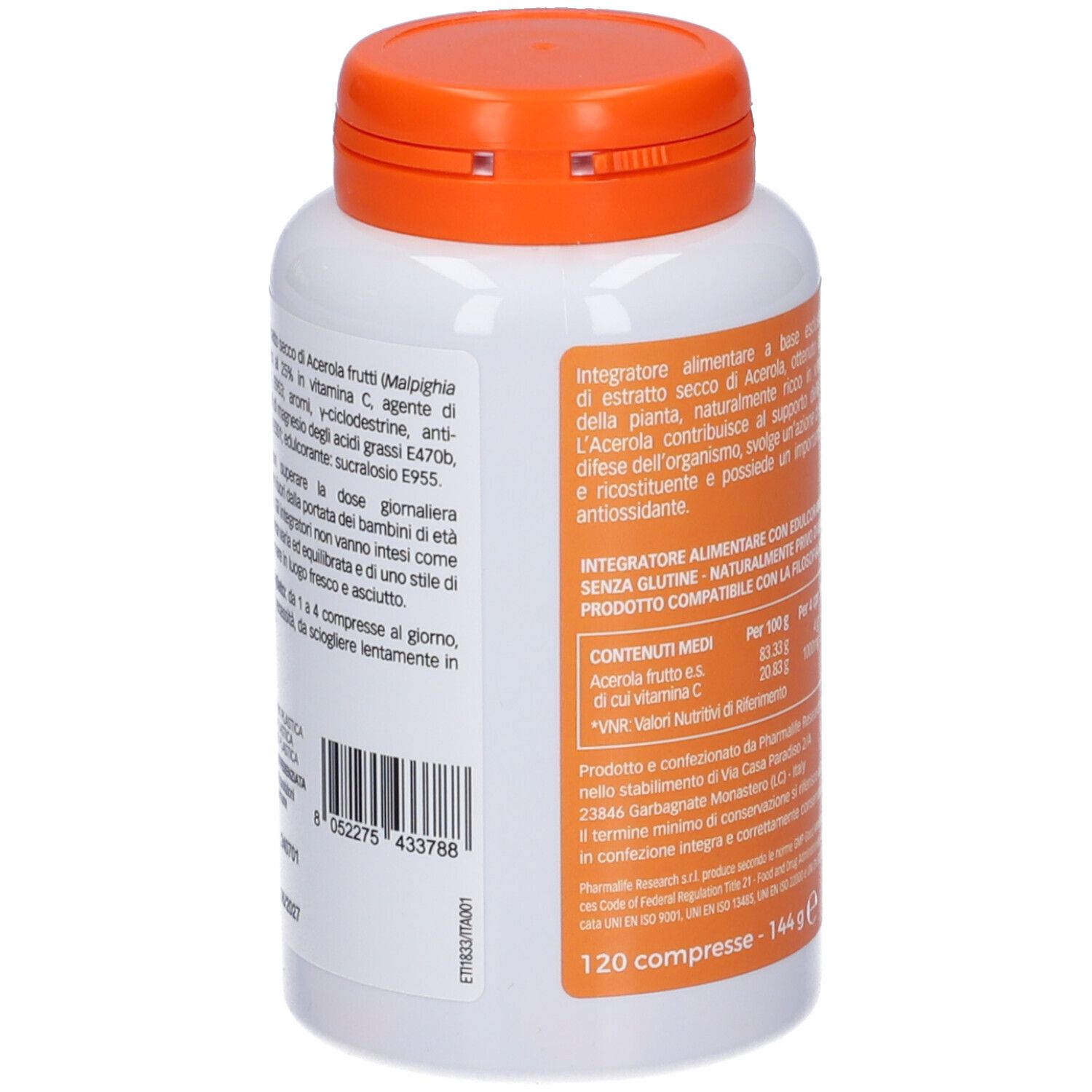 Retro del flacone bianco, tappo arancione. Testo con ingredienti e informazioni nutrizionali.