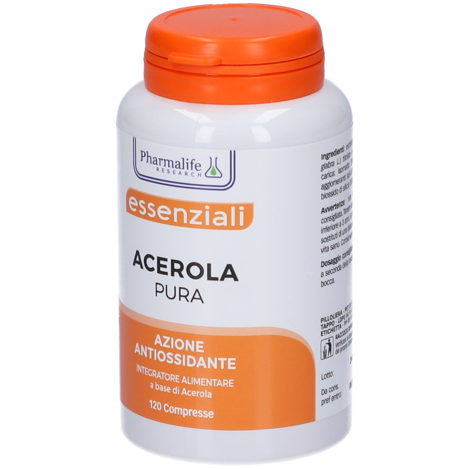 Flacone bianco con tappo arancione. Scritta: Acerola Pura, 120 compresse. Marchio: Pharmalife Research.