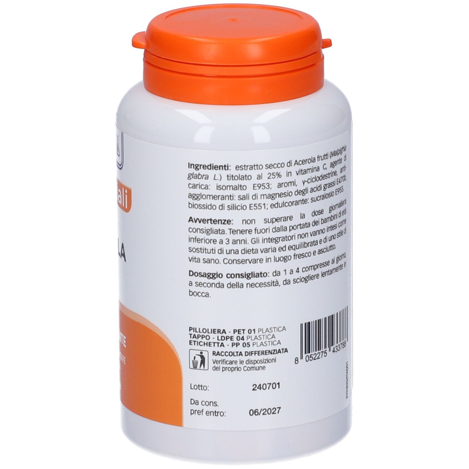 Retro del flacone bianco, tappo arancione. Testo con ingredienti, dosaggio e avvertenze.