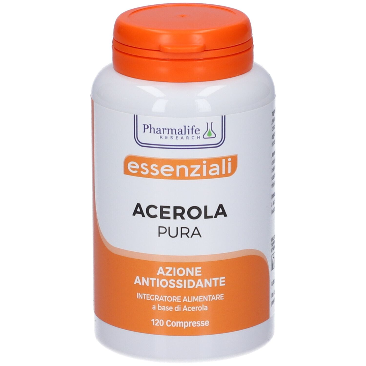 Flacone bianco con tappo arancione. Scritta: Acerola Pura, 120 compresse. Marchio: Pharmalife Research.
