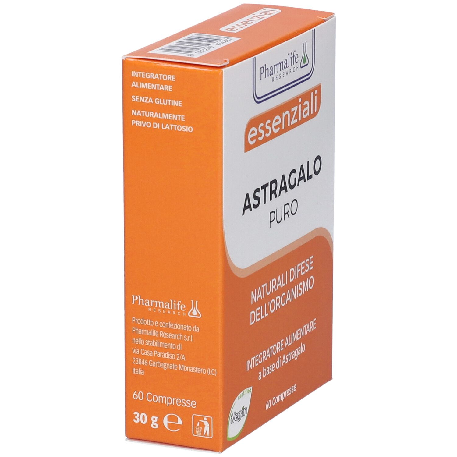 Confezione arancione e bianca. Scritta 'Astragalo Puro' e 'essenziali'. Logo 'PharmaLife Research'. 60 compresse. Vista laterale.