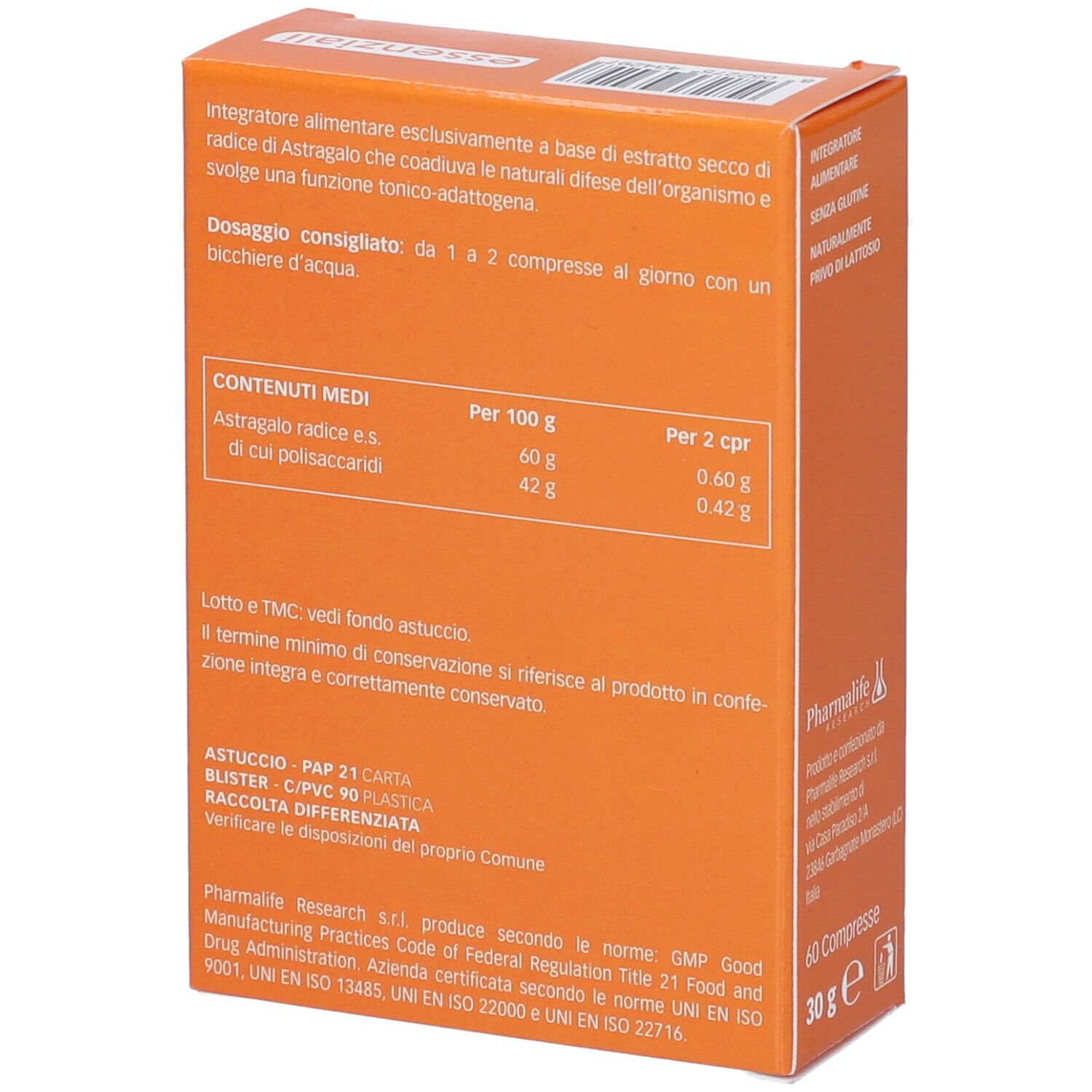 Retro della confezione. Contiene informazioni nutrizionali e ingredienti. Logo 'PharmaLife Research'. 60 compresse. Design arancione e bianco.