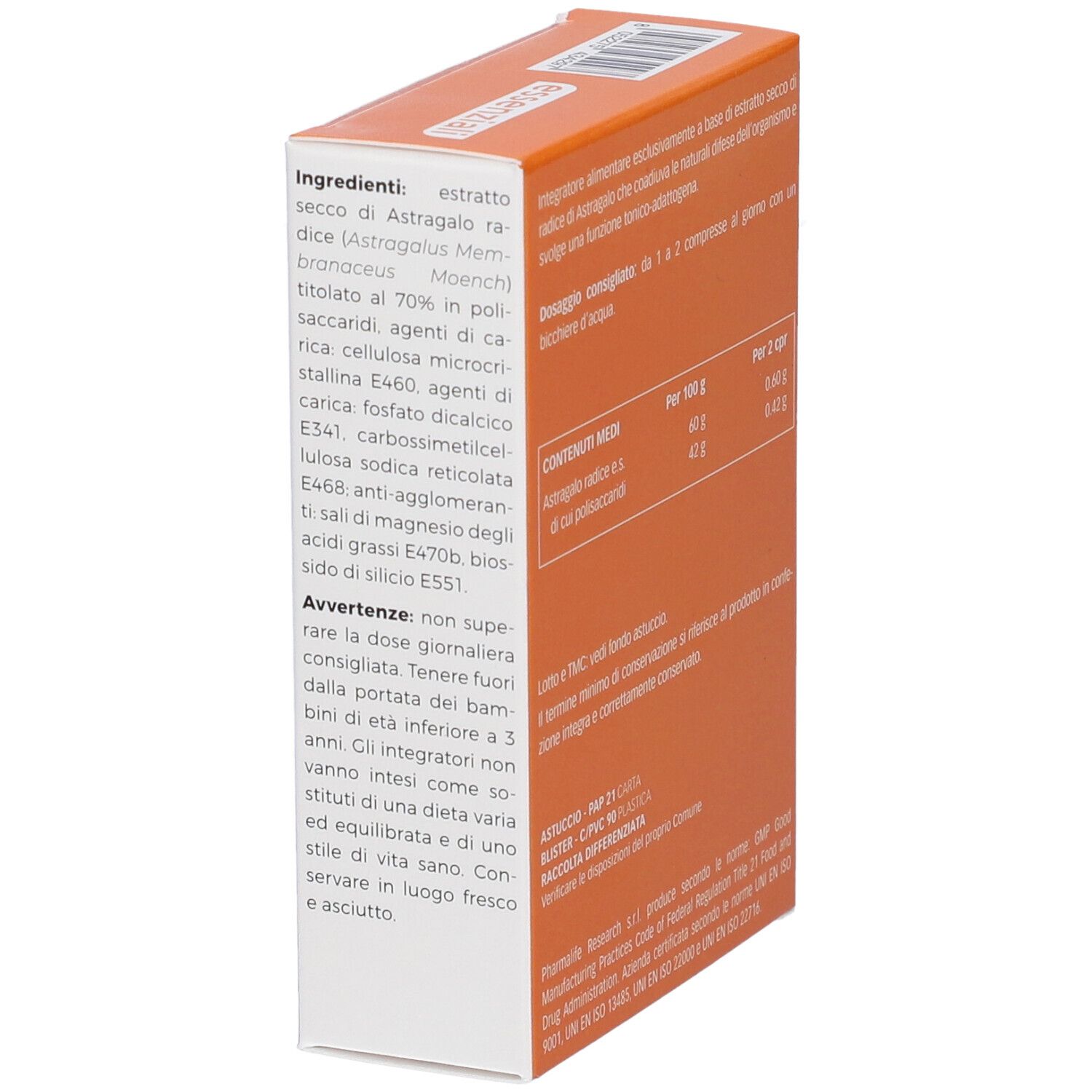 Retro della confezione con ingredienti e istruzioni per il dosaggio. Logo 'PharmaLife Research'. Design arancione e bianco. Testo in italiano.