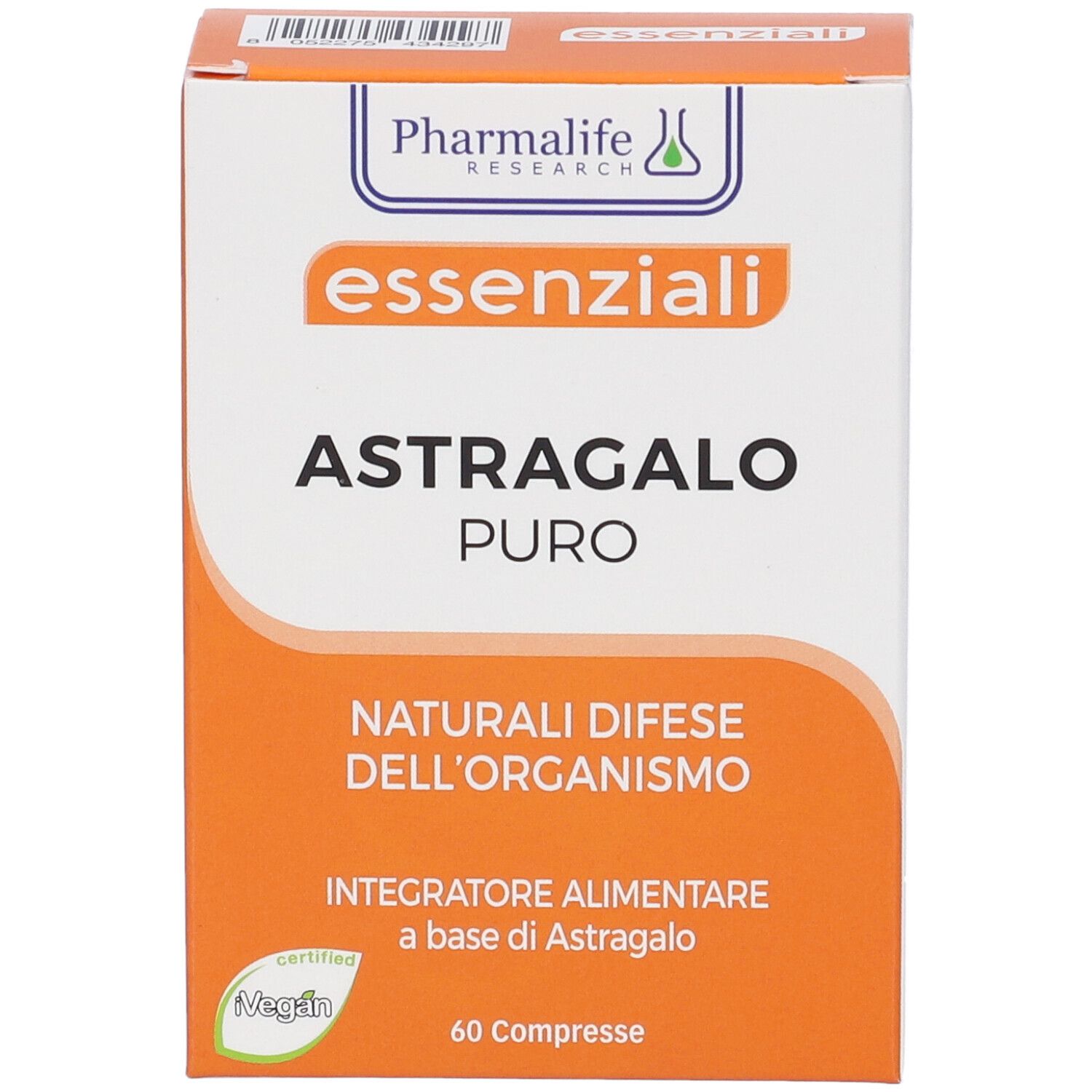 Scatola 'Astragalo Puro Compresse'. Design arancione e bianco. Logo 'PharmaLife Research'. 60 compresse. Certificazione vegana.