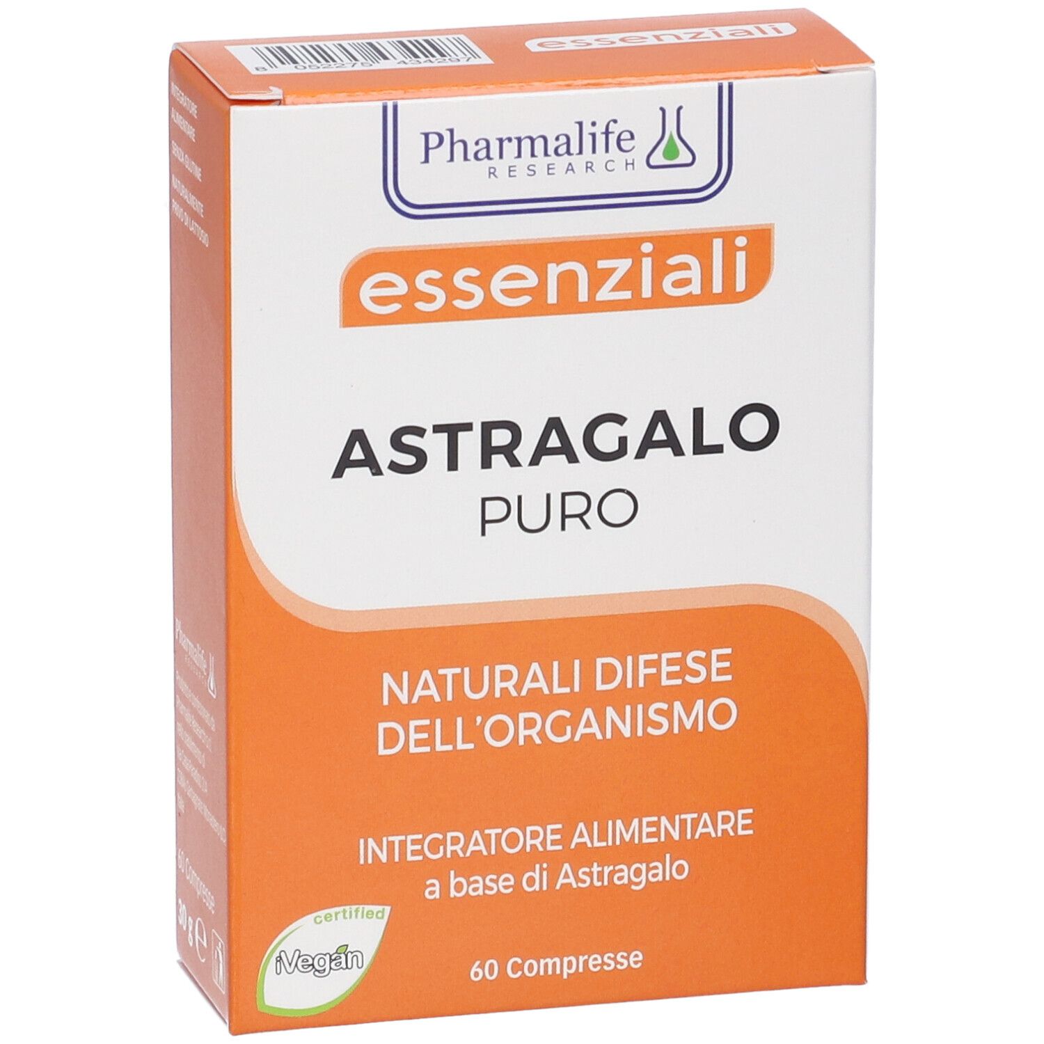 Scatola 'Astragalo Puro Compresse'. Design arancione e bianco. Logo 'PharmaLife Research'. 60 compresse. Certificazione vegana.