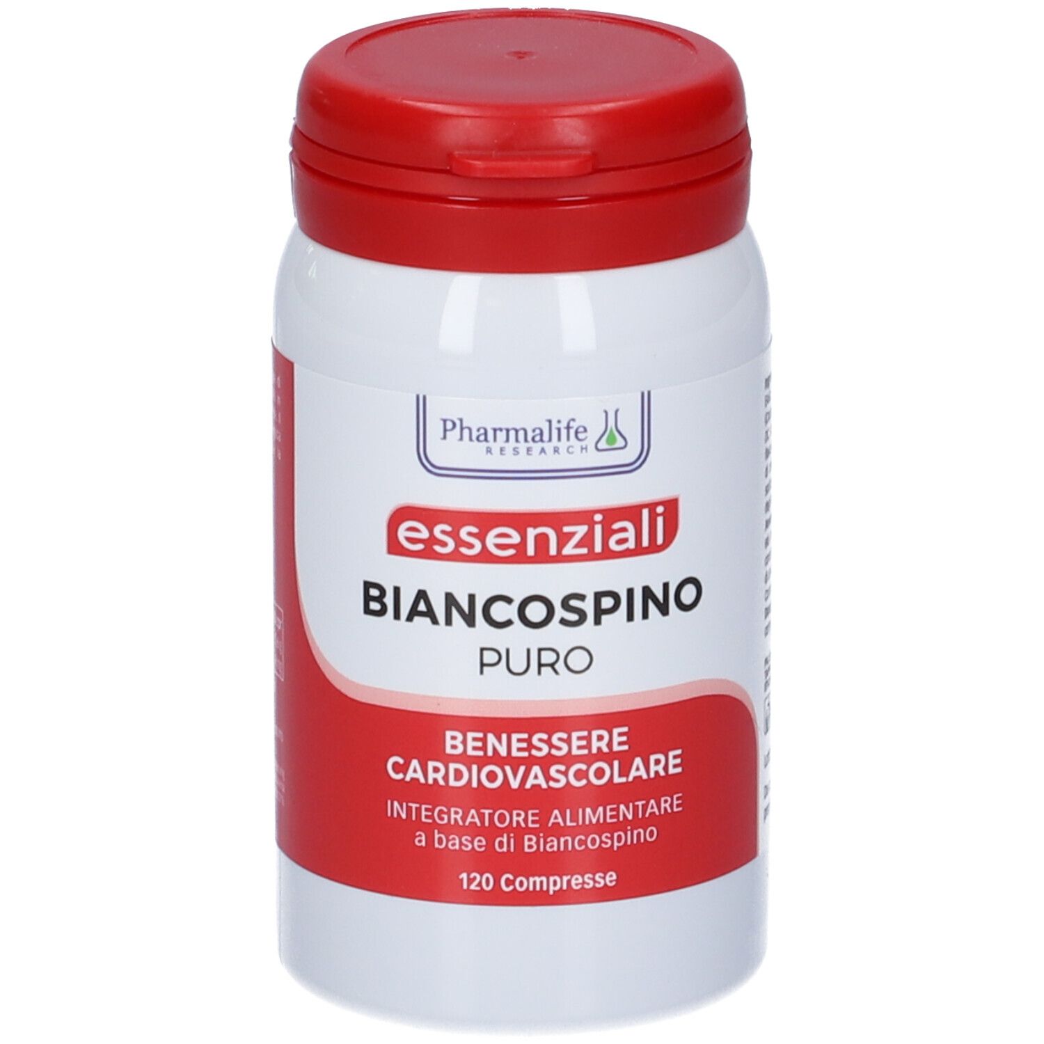 Flacone bianco e rosso. Scritta: Pharmalife Research, Essenziali Biancospino Puro. Benessere cardiovascolare. 120 compresse.