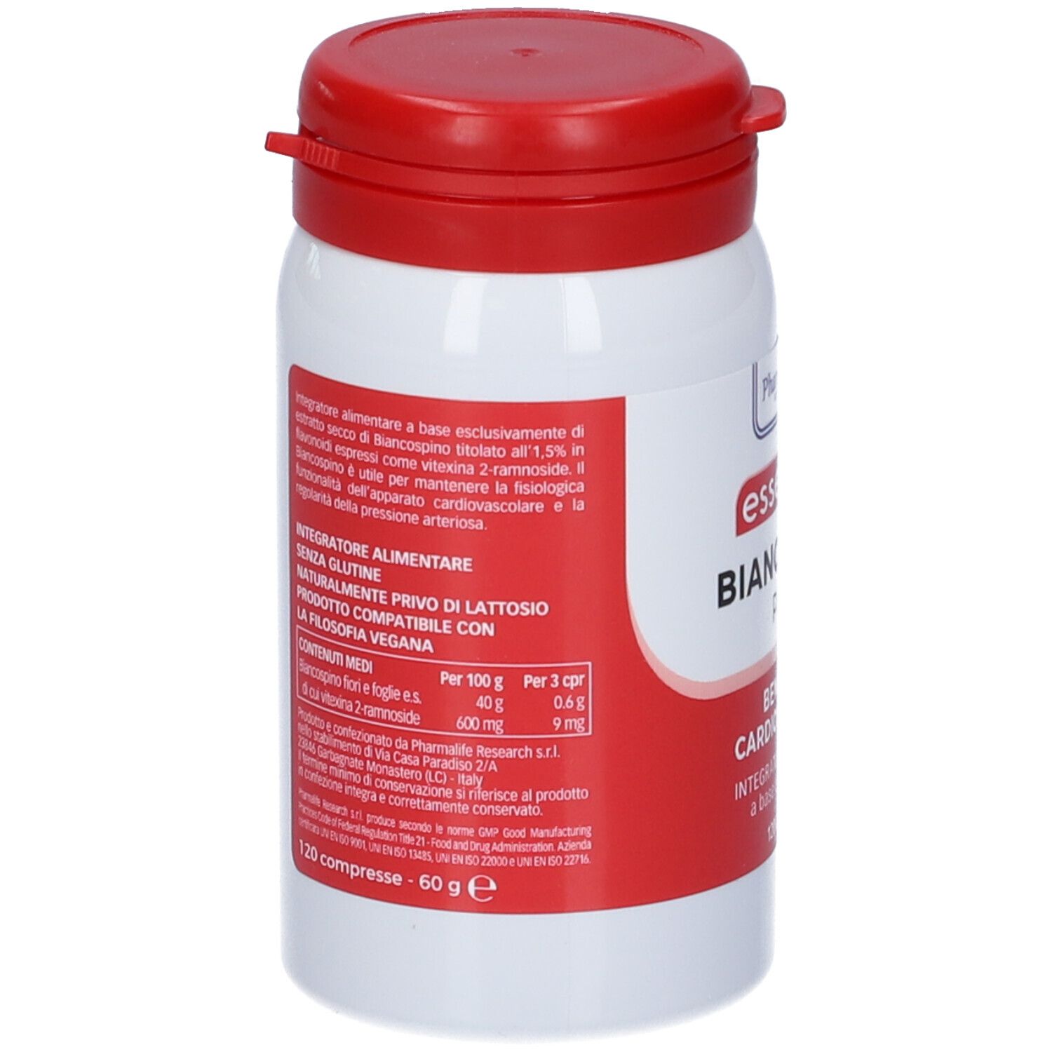 Flacone bianco e rosso. Scritta: Essenziali Biancospino Puro. Benessere cardiovascolare. Senza glutine, vegano. 120 compresse.