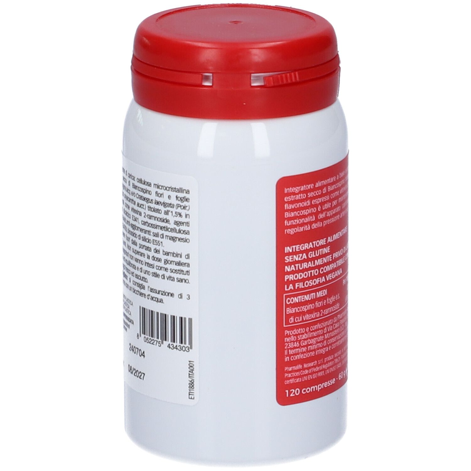 Flacone bianco e rosso. Scritta: Essenziali Biancospino Puro. Benessere cardiovascolare. 120 compresse. Testo sul retro.