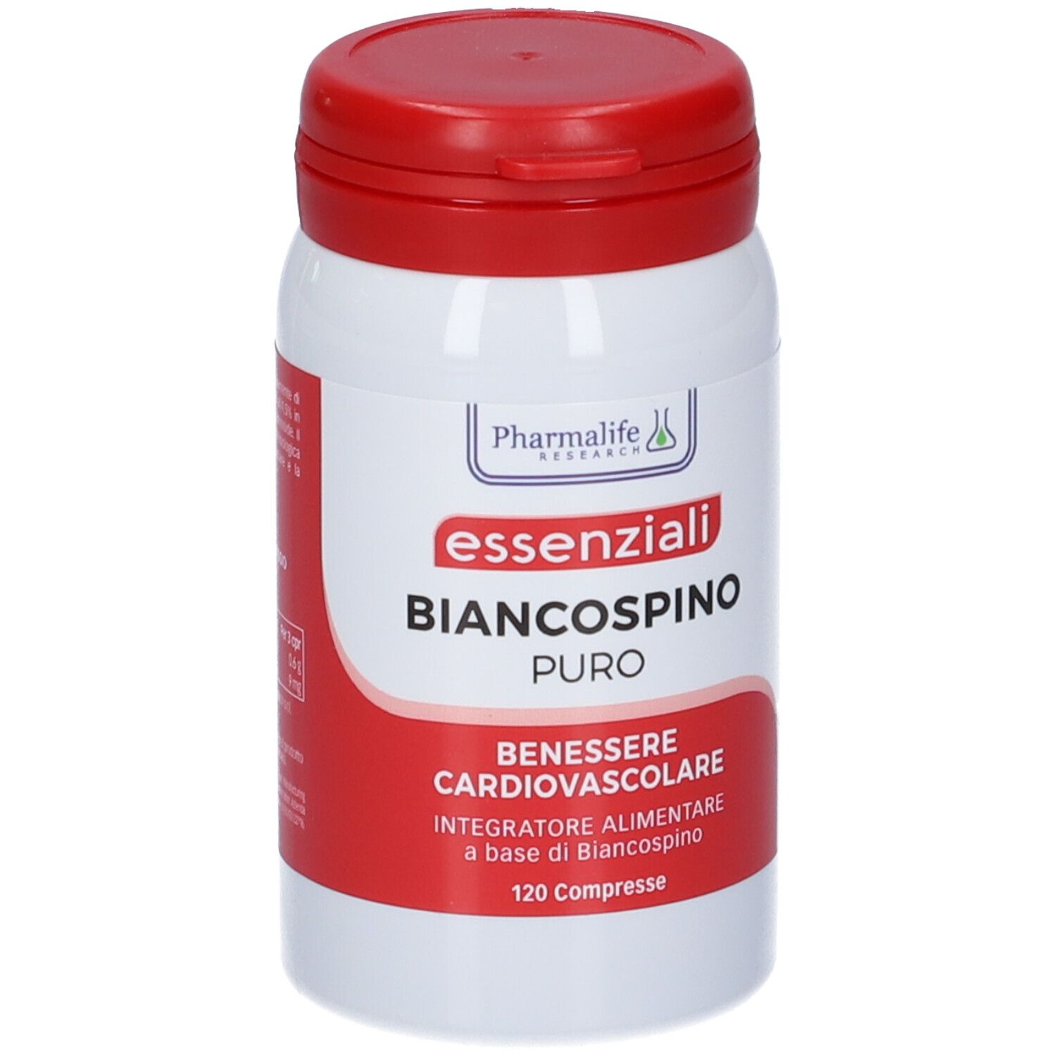 Flacone bianco e rosso. Scritta: Pharmalife Research, Essenziali Biancospino Puro. Benessere cardiovascolare. 120 compresse.