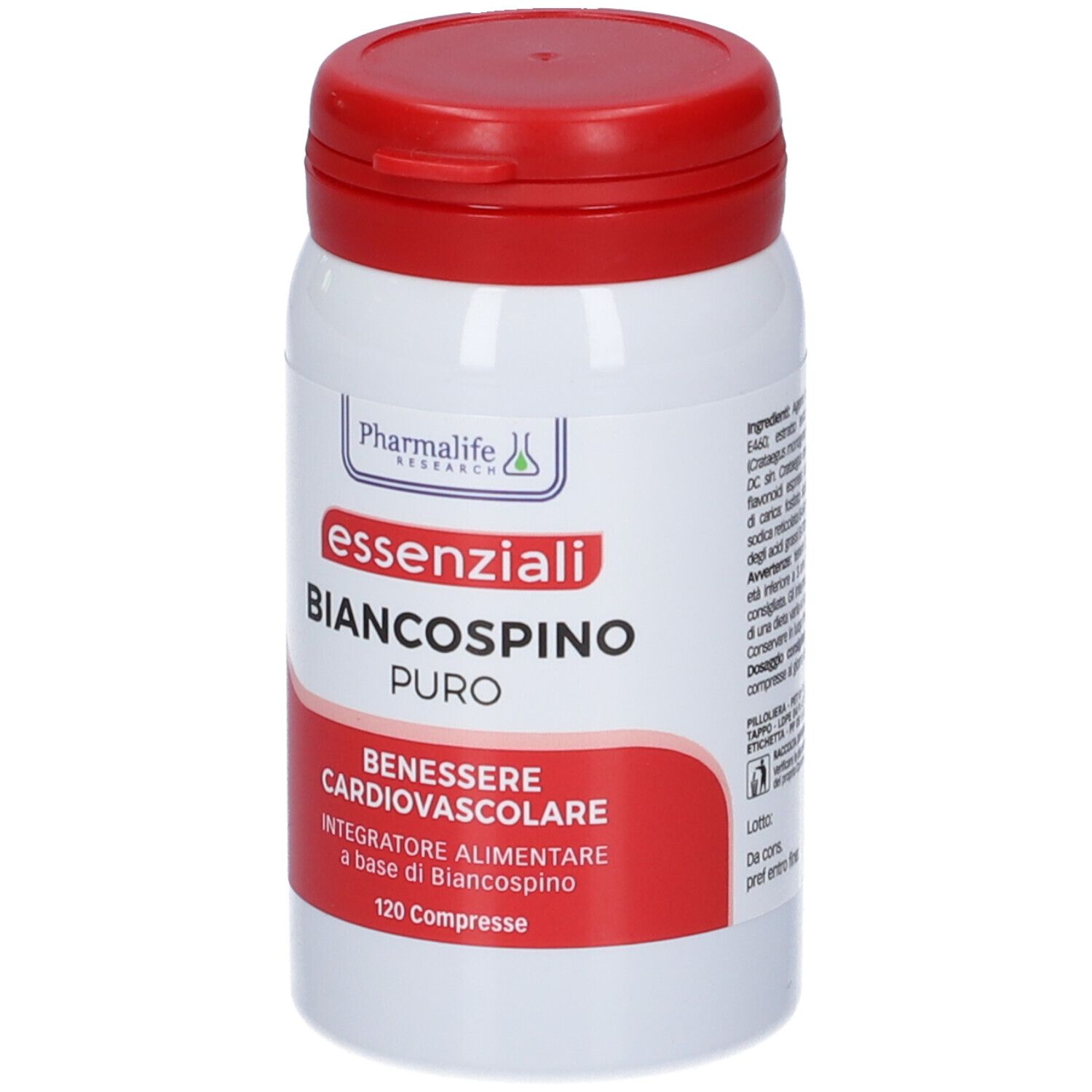 Flacone bianco e rosso. Scritta: Pharmalife Research, Essenziali Biancospino Puro. Benessere cardiovascolare. 120 compresse.