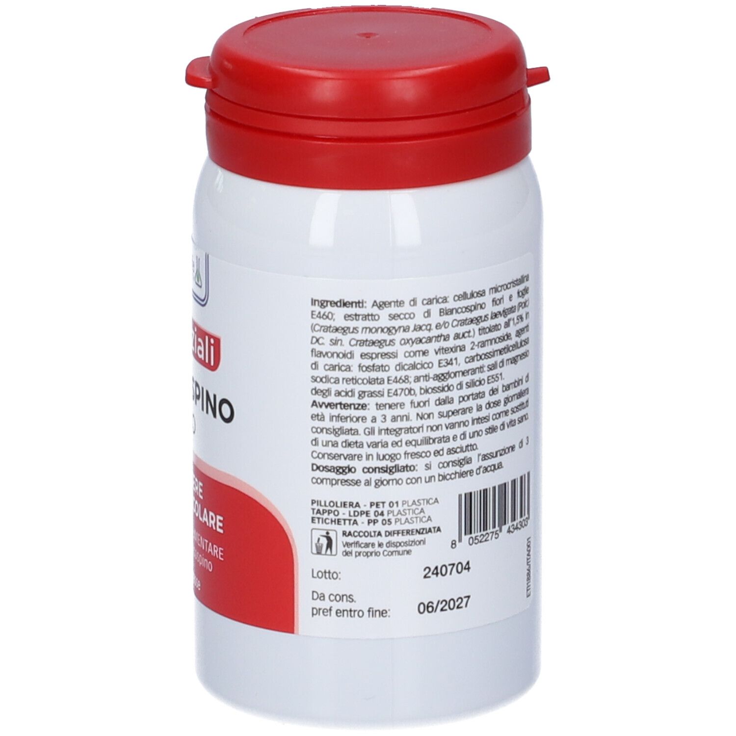 Flacone bianco e rosso. Scritta: Essenziali Biancospino Puro. Benessere cardiovascolare. 120 compresse. Dettagli e scadenza.