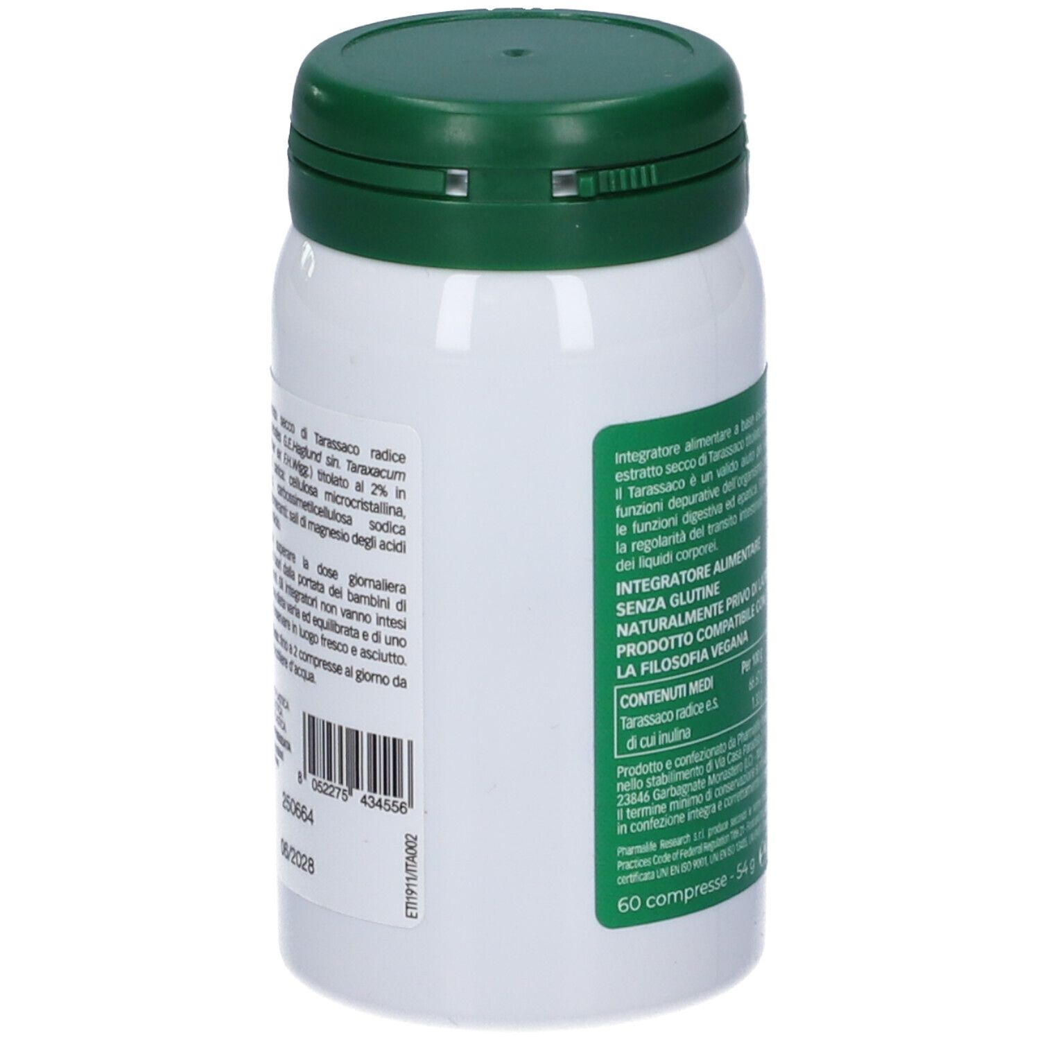 Vista laterale del flacone bianco con tappo verde. Testo sugli ingredienti e l'uso.