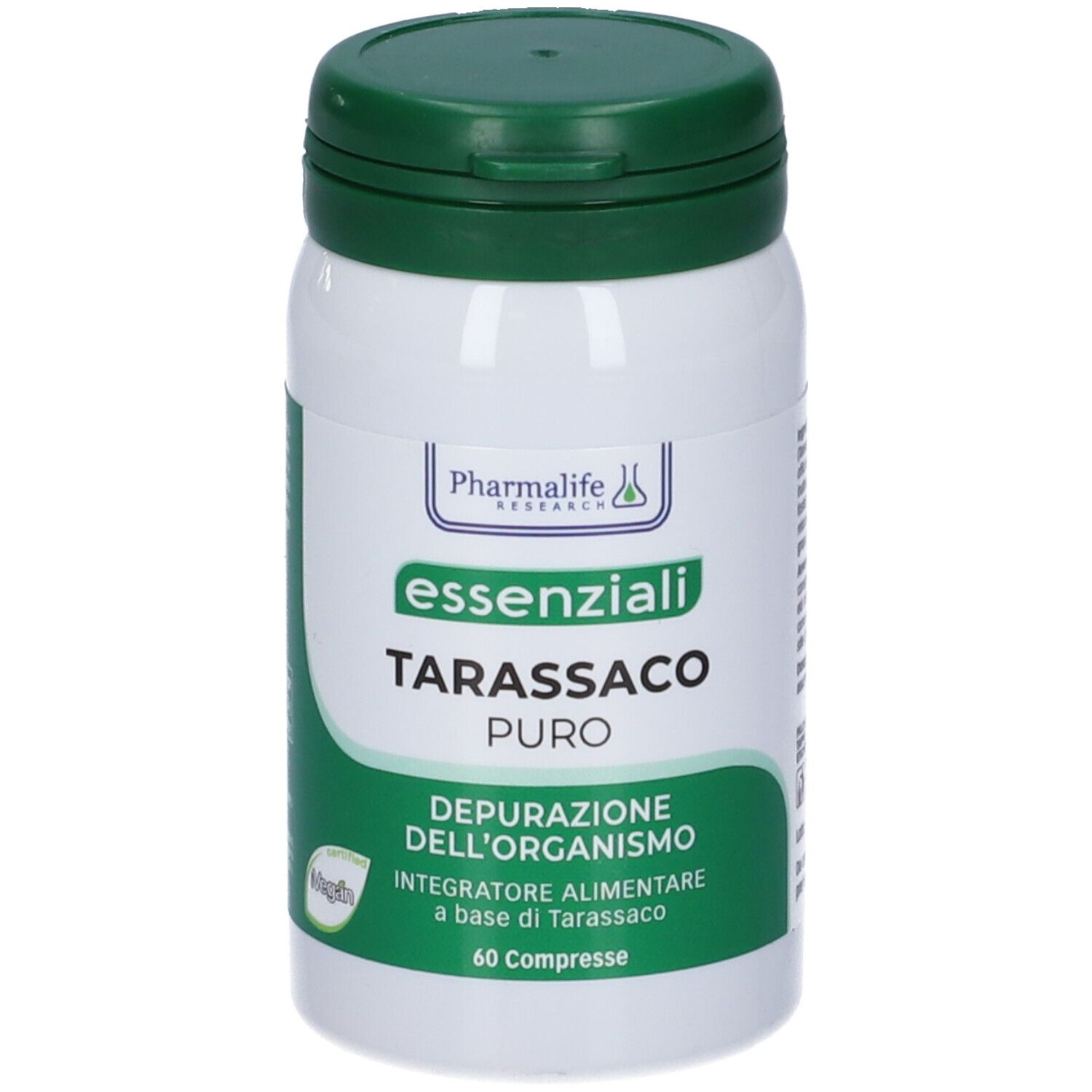 Flacone bianco con tappo verde. Scritta: Tarassaco Puro, 60 compresse. Marchio: Pharmalife Research.