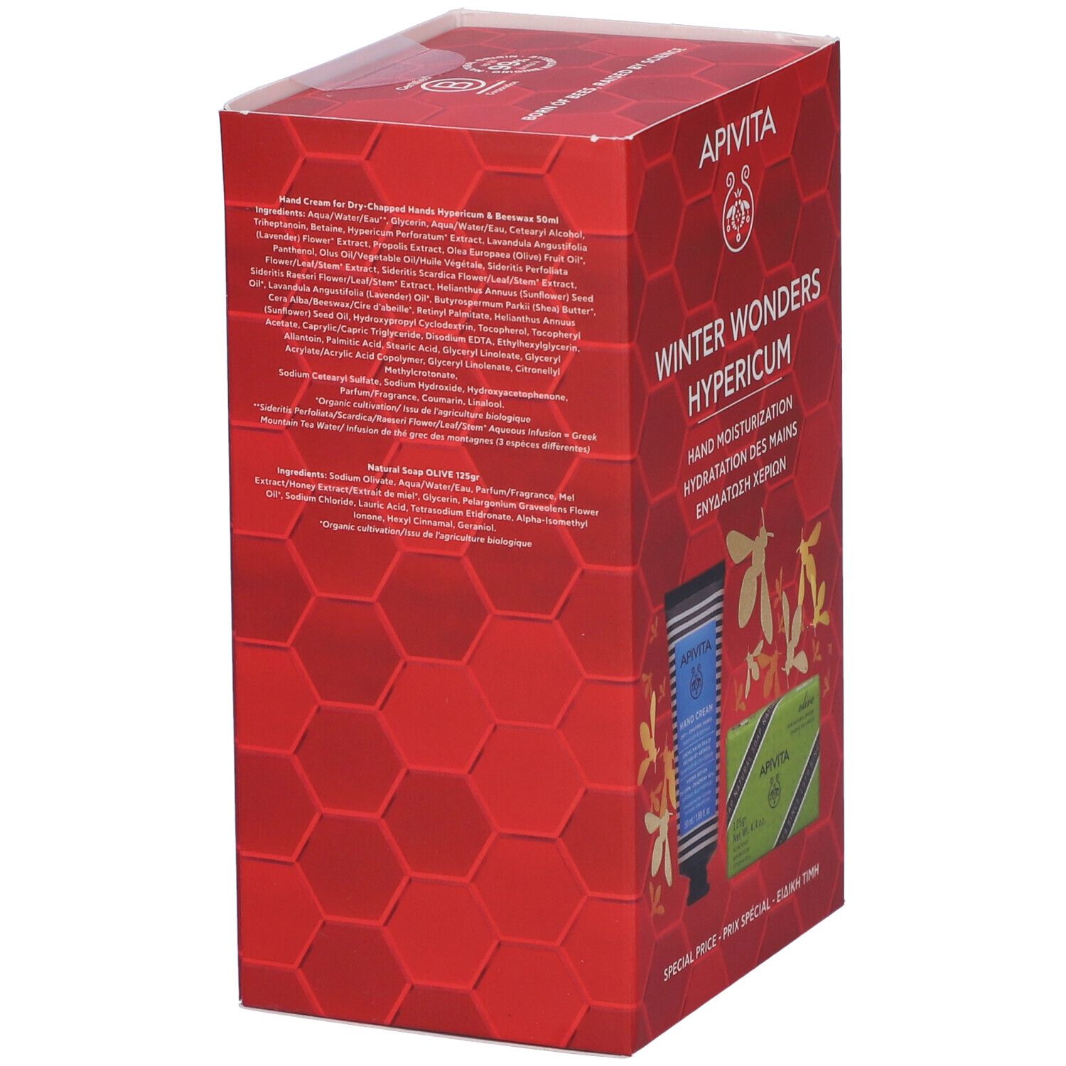 Scatola regalo rossa con informazioni sul prodotto. Testo in diverse lingue. Contiene una crema mani e un sapone.