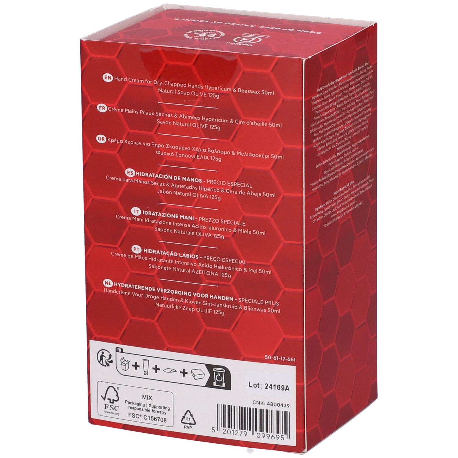 Retro della confezione regalo con testo in diverse lingue. Contiene informazioni sugli ingredienti e sul produttore.