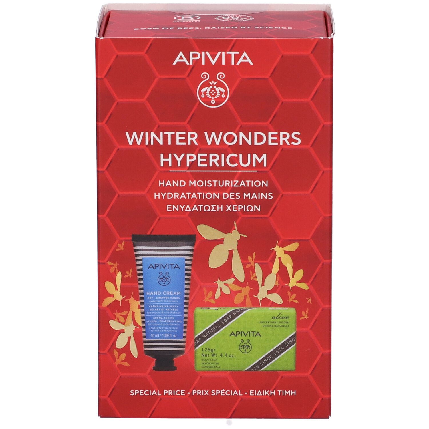 Confezione regalo con crema mani e sapone. Confezione rossa con nome e logo del prodotto. Contiene un tubetto di crema e un sapone.