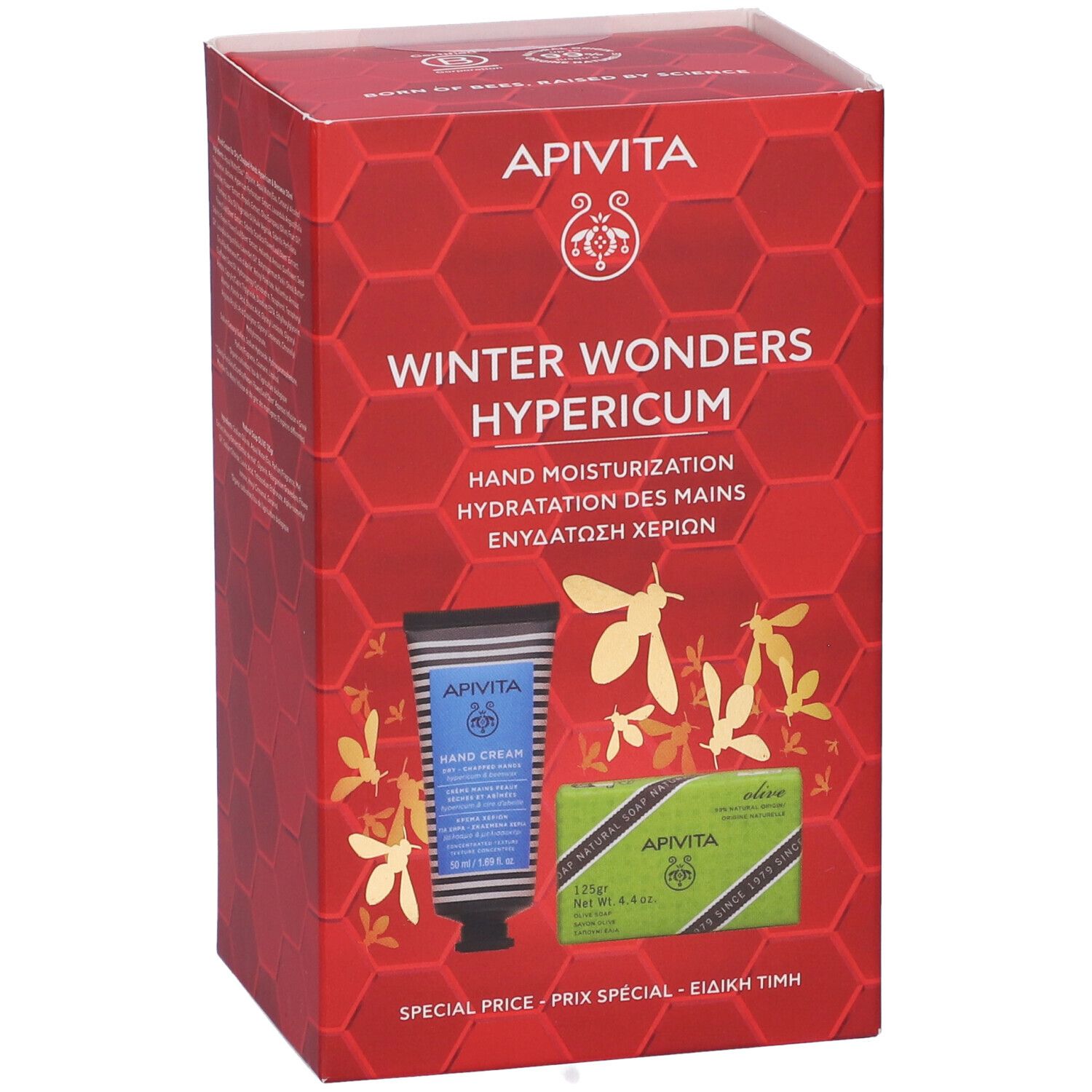 Confezione regalo con crema mani e sapone. Confezione rossa con nome e logo del prodotto. Contiene un tubetto di crema e un sapone.