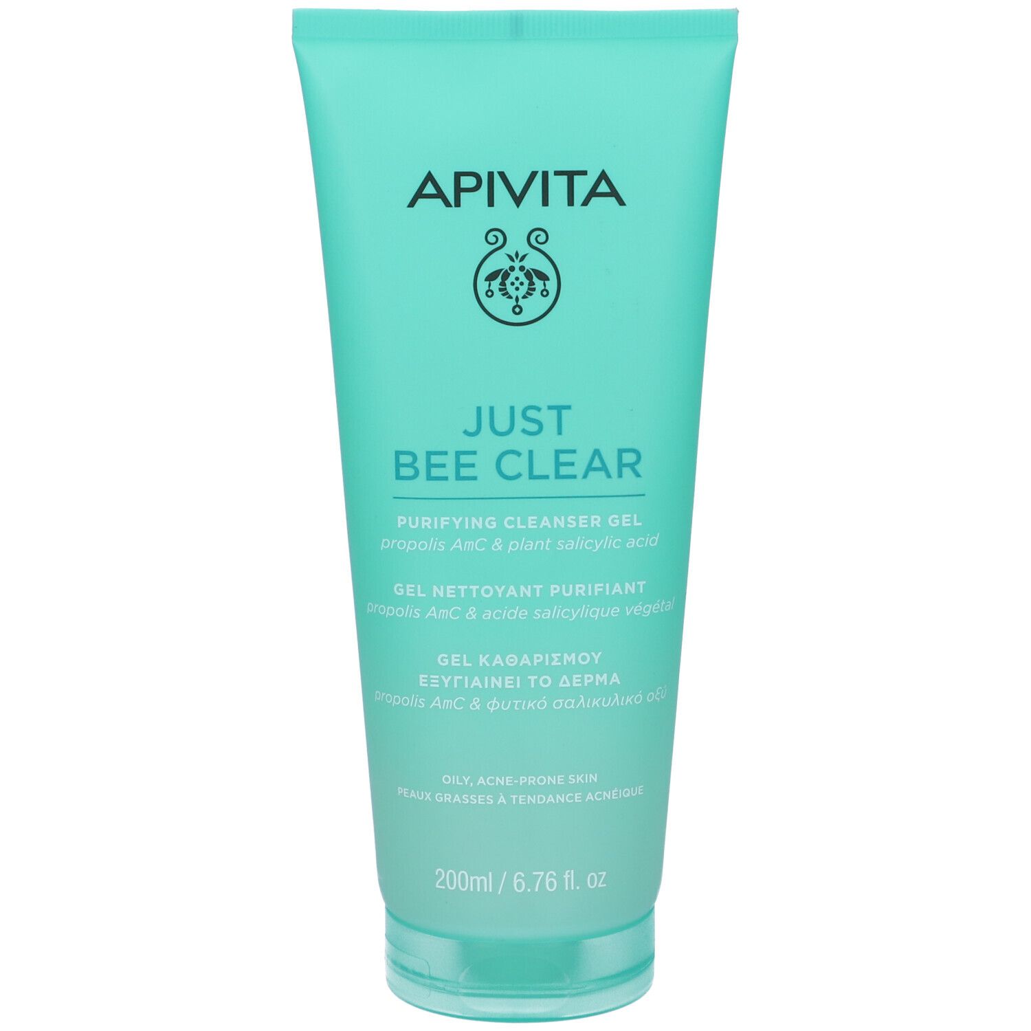 Tubo turchese con logo e nome prodotto: JUST BEE CLEAR Gel Detergente Purificante Viso. Contenuto 200ml.
