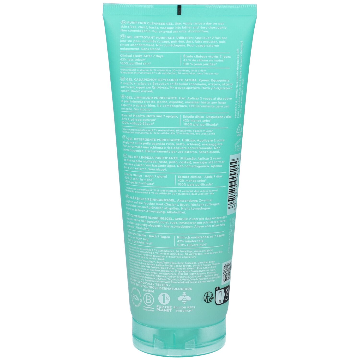 Retro del tubo. Testo multilingue. Ingredienti, istruzioni per l'uso, certificazioni.