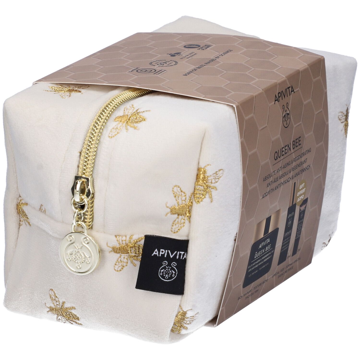 Pochette bianca con api dorate e zip. Contiene prodotti QUEEN BEE.