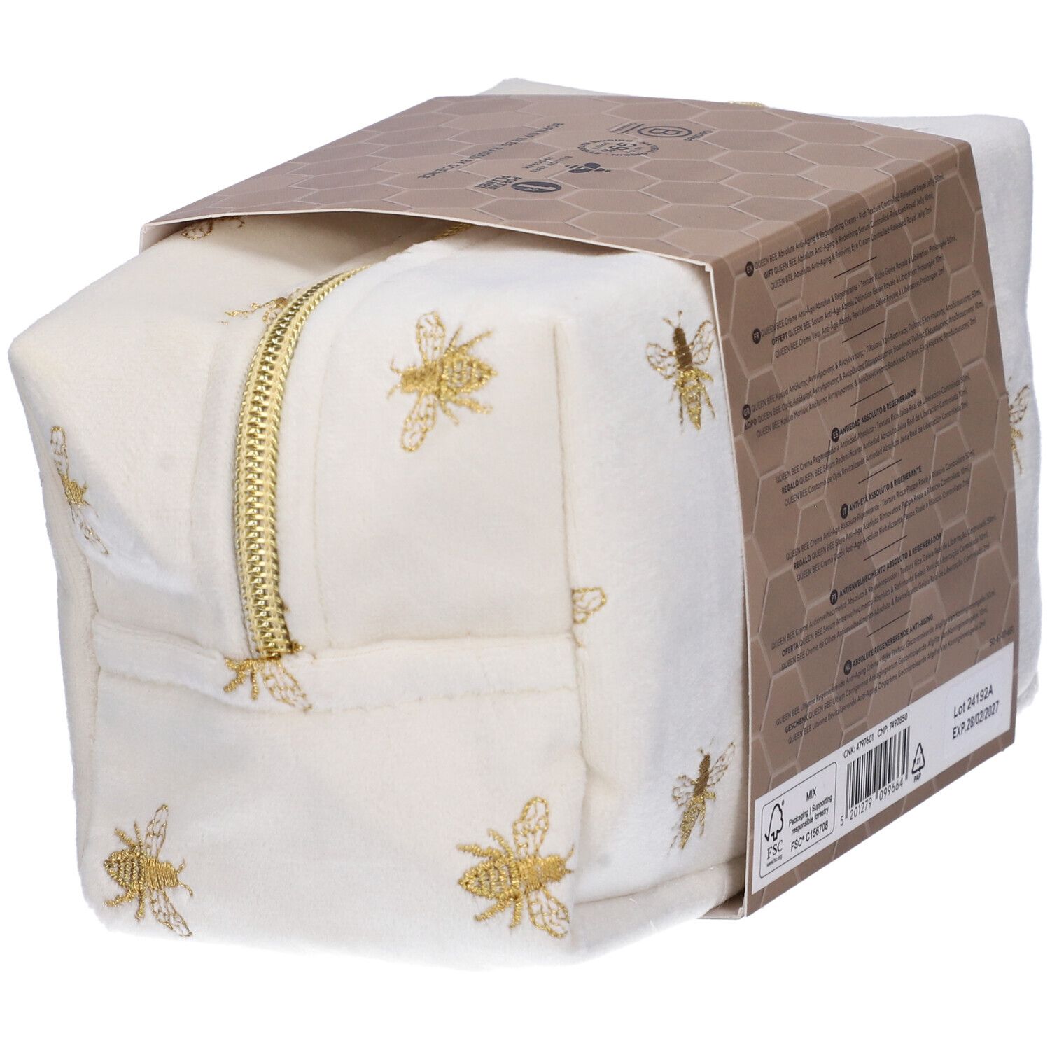 Pochette bianca con api dorate e zip. Parzialmente coperta dalla confezione.