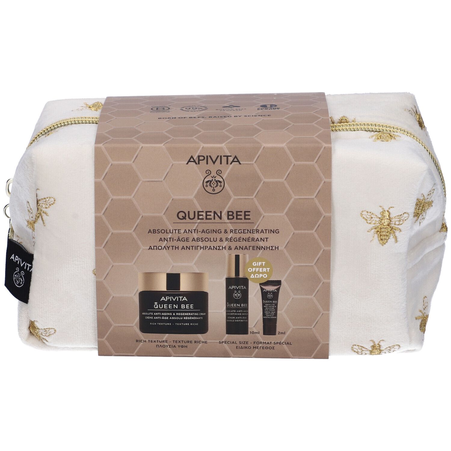 Pochette bianca con api dorate e prodotti QUEEN BEE.