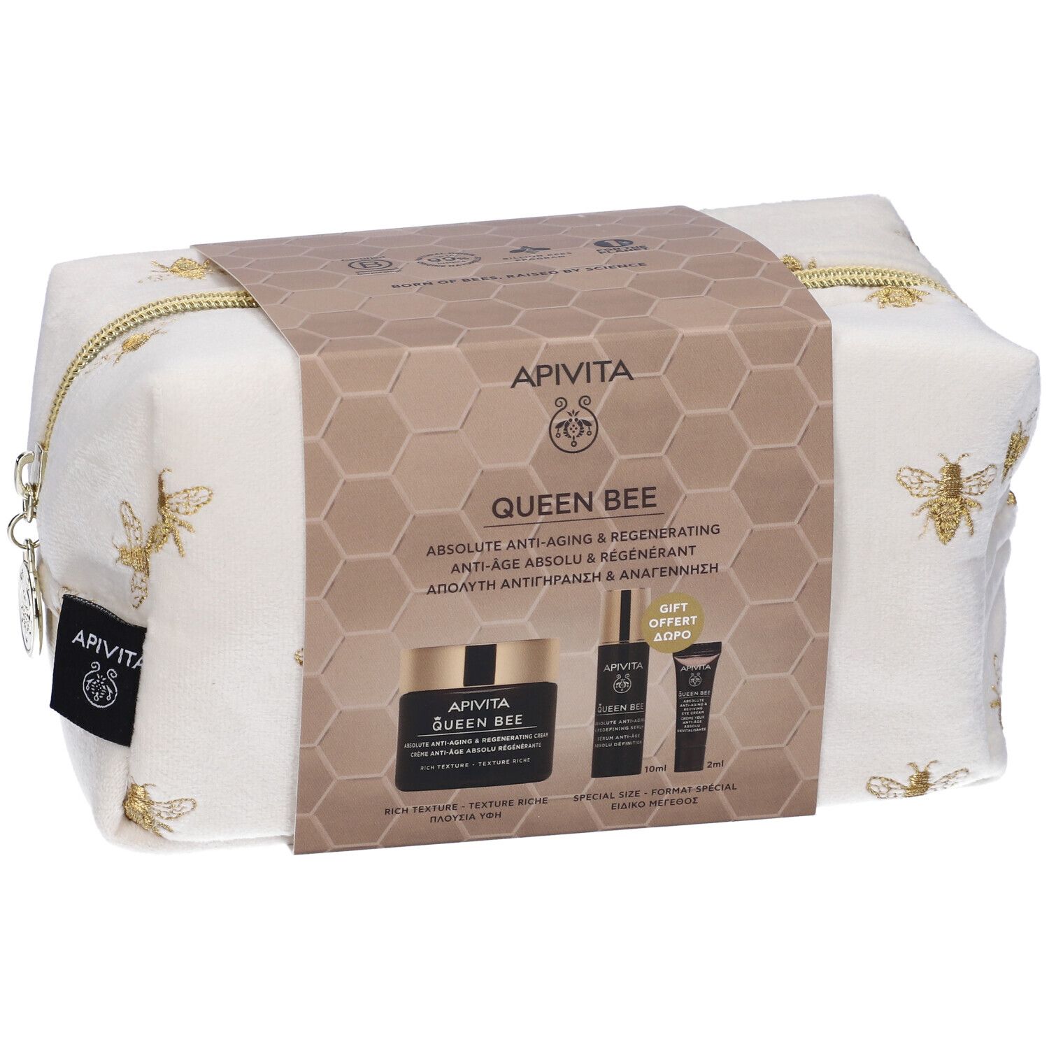 Pochette bianca con api dorate e prodotti QUEEN BEE.