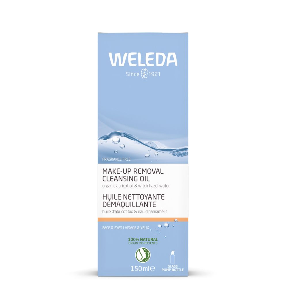 Confezione blu. Scritta: WELEDA, MAKE-UP REMOVAL CLEANSING OIL. Contiene 150ml. Flacone in vetro.