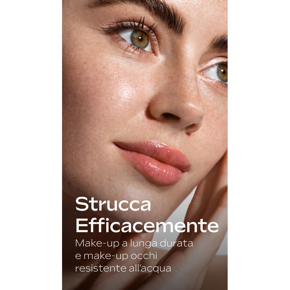 Primo piano di un viso. Testo: Strucca Efficacemente, Make-up a lunga durata e make-up occhi resistente all'acqua.