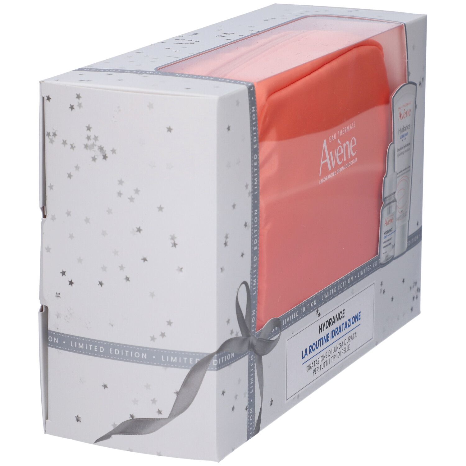 Scatola regalo con pochette. Marchio Avène. Finestra trasparente. Fiocco grigio. Edizione limitata.