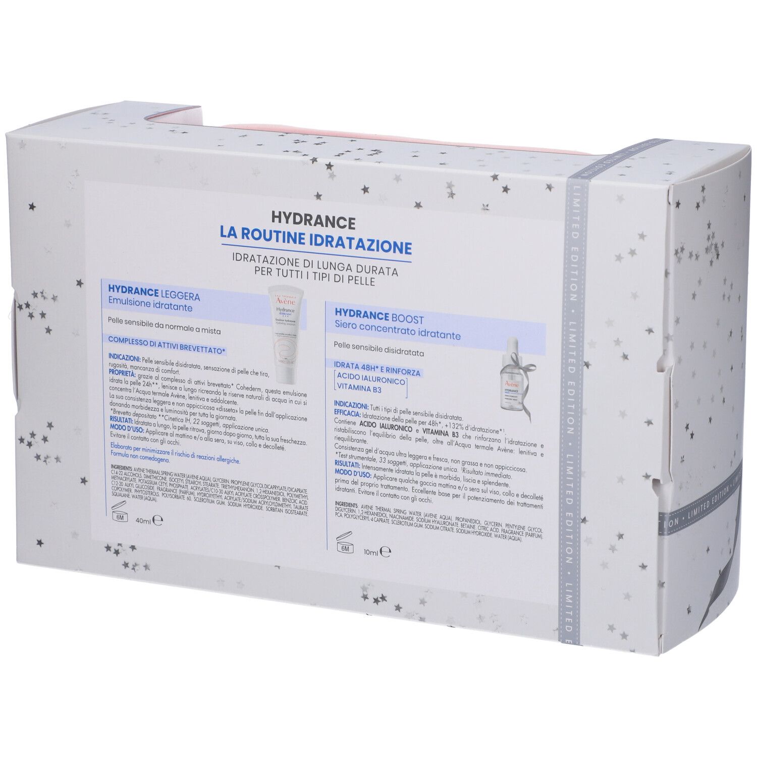 Retro della confezione regalo. Testo: Hydrance, La Routine Idratation. Ingredienti e istruzioni.