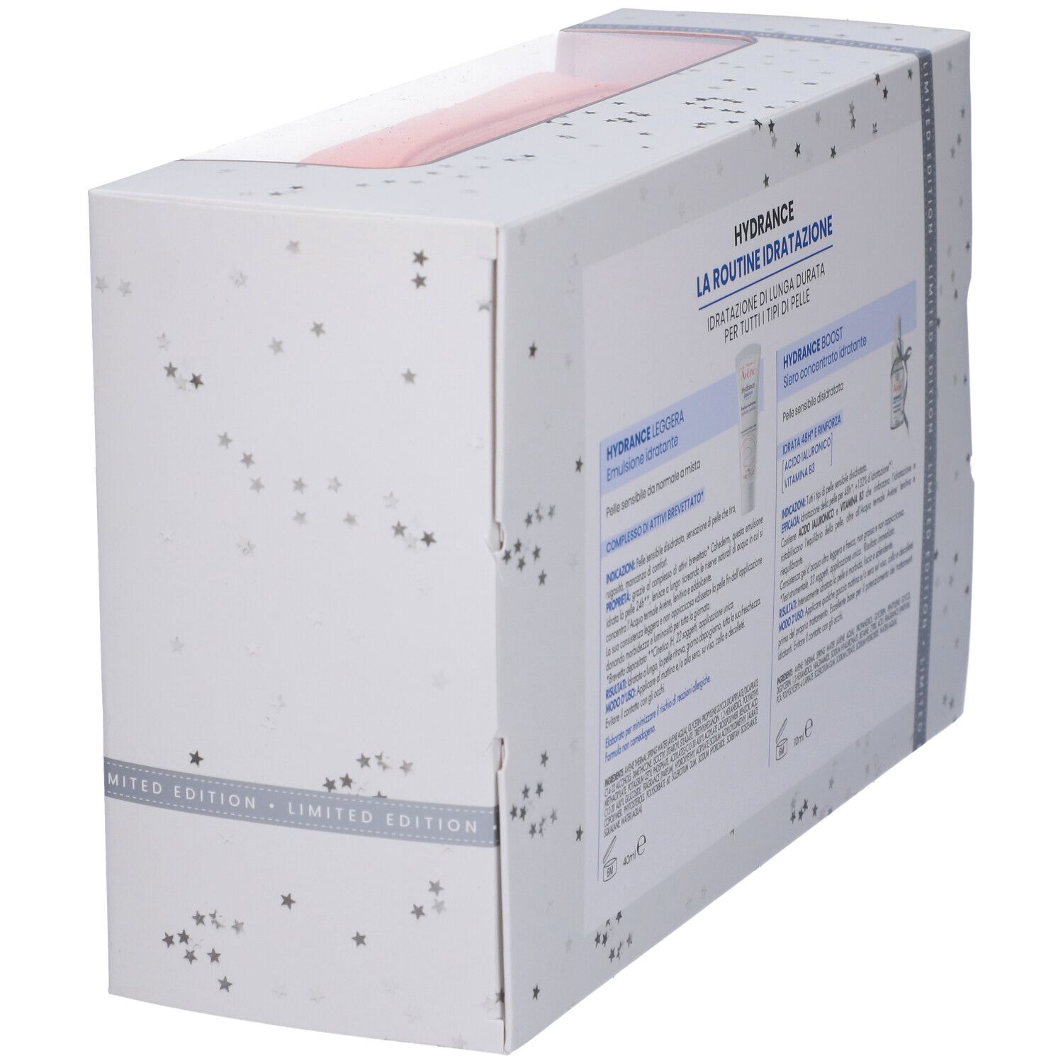 Confezione regalo, retro con testo. Hydrance, La Routine Idratation. Ingredienti e istruzioni.