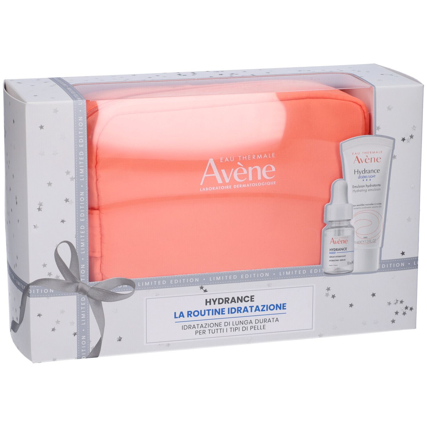 Set regalo Avène Hydrance. Pochette, siero e crema. Confezione con finestra trasparente.