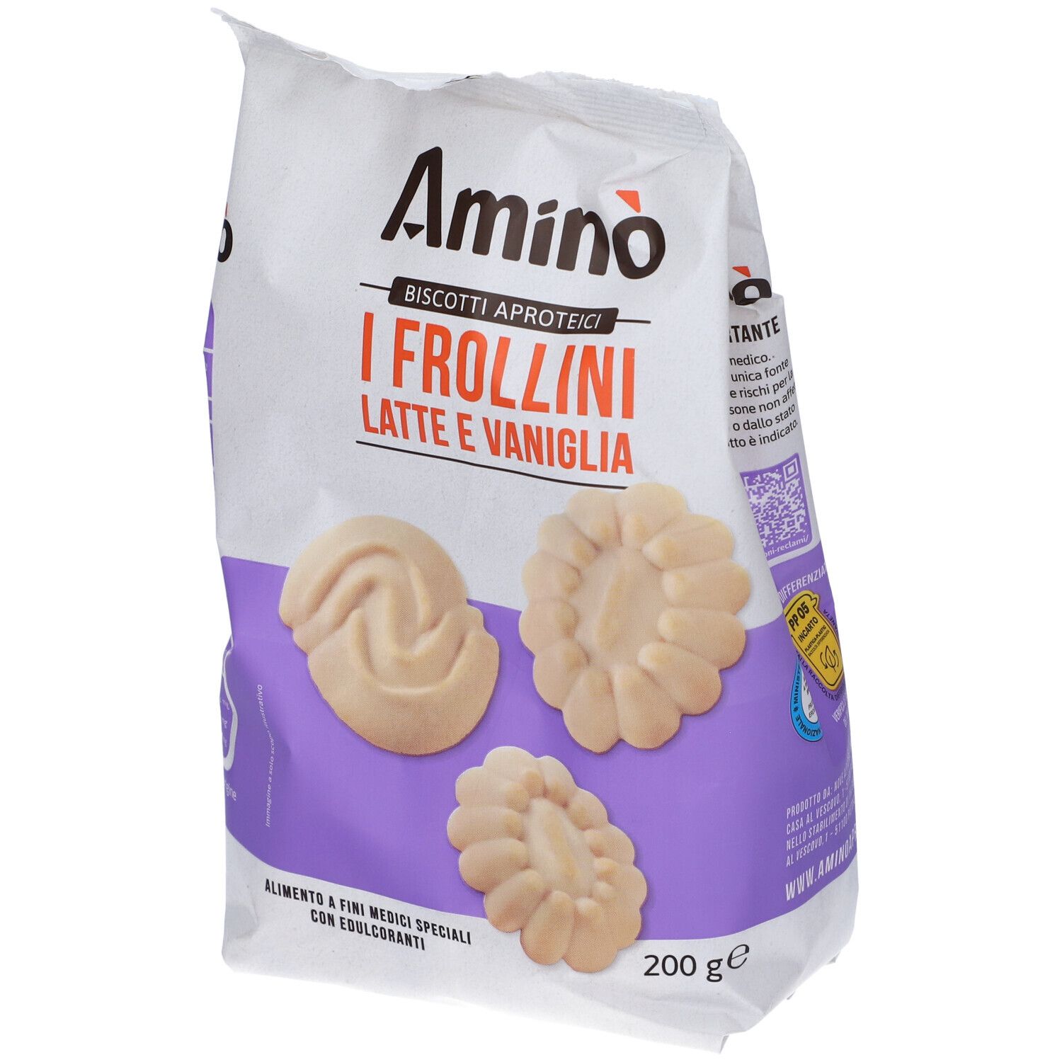 Confezione di biscotti. Scritta: Amino, I Frollini Latte e Vaniglia. 200 g. Tre biscotti sono raffigurati.