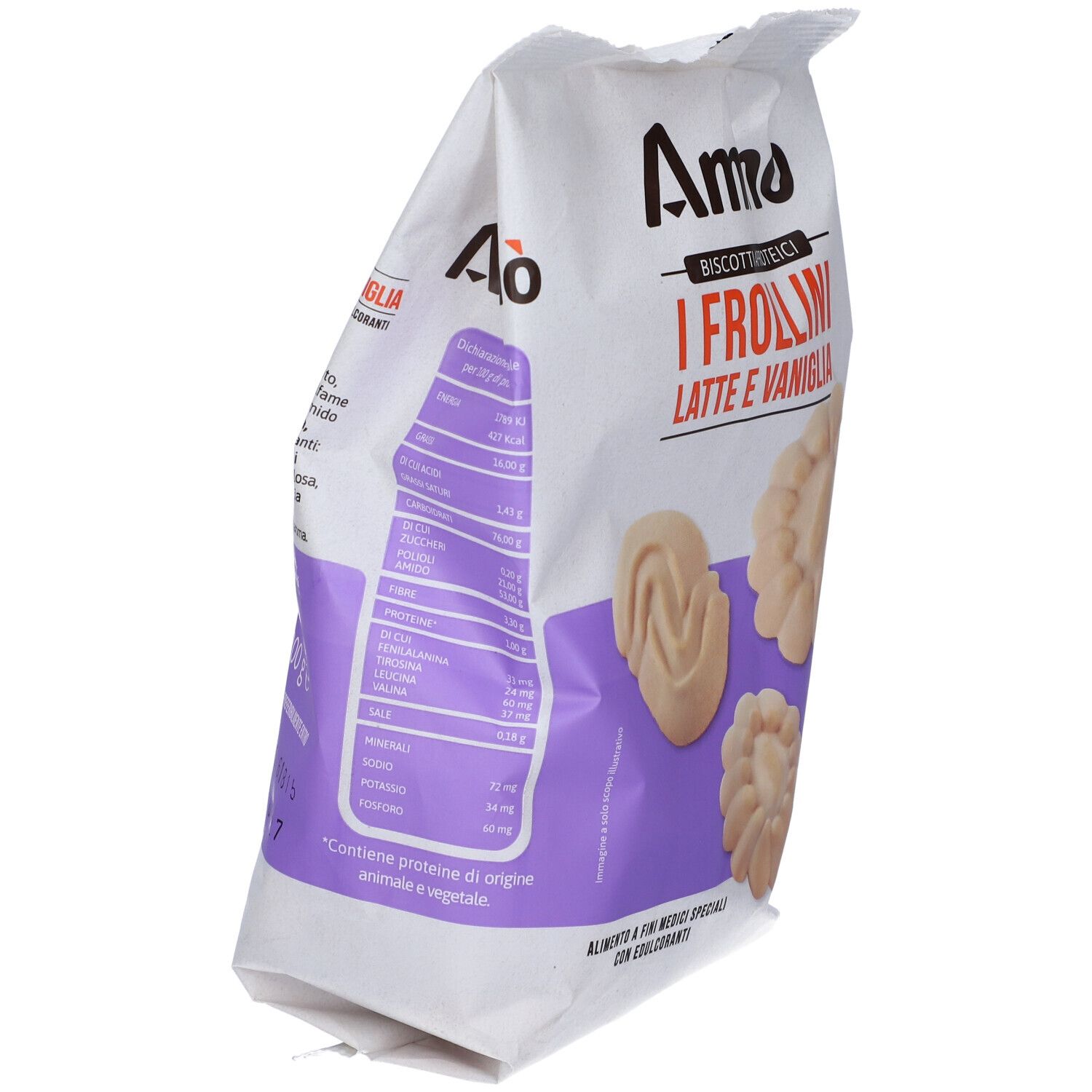 Confezione di biscotti. Scritta: Amino, I Frollini Latte e Vaniglia. 200 g. Tre biscotti sono raffigurati.