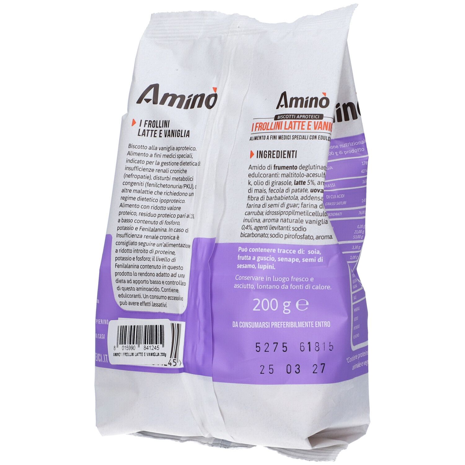 Confezione di biscotti. Scritta: Amino, I Frollini Latte e Vaniglia. 200 g. Tre biscotti sono raffigurati.