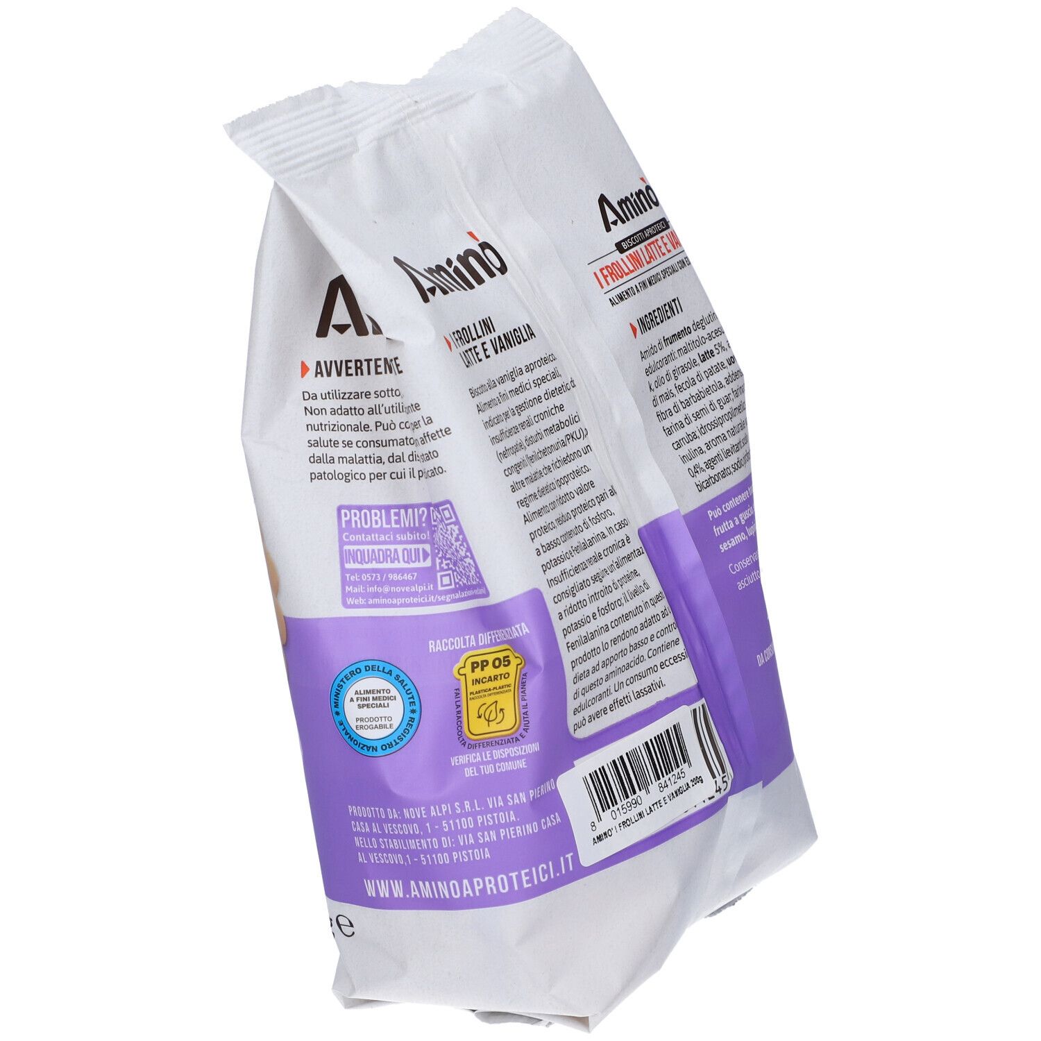 Retro della confezione di biscotti. Scritta: Amino, I Frollini Latte e Vaniglia. 200 g. Lista ingredienti.