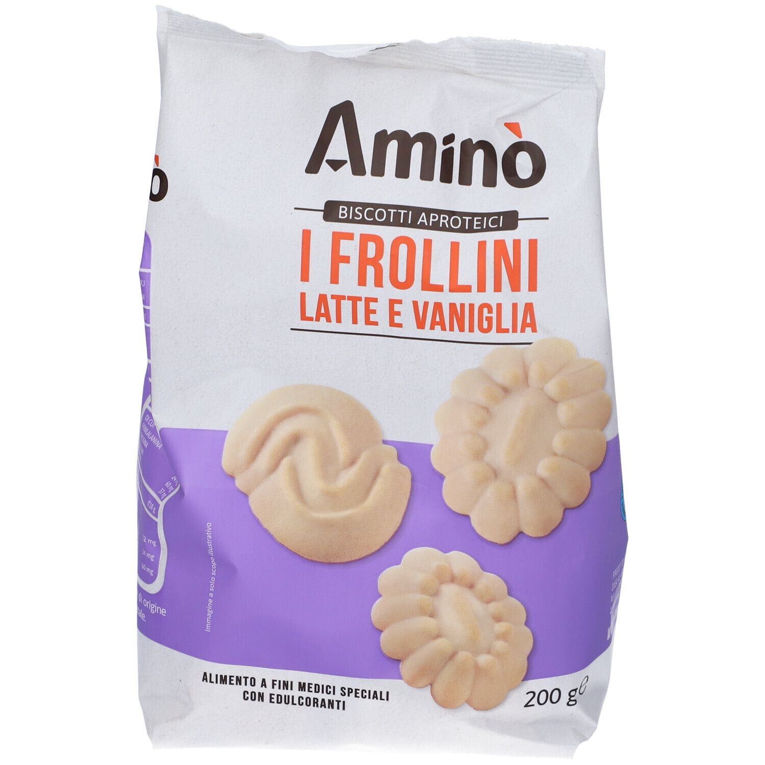 Retro della confezione di biscotti. Scritta: Amino, I Frollini Latte e Vaniglia. 200 g. Avvertenze.