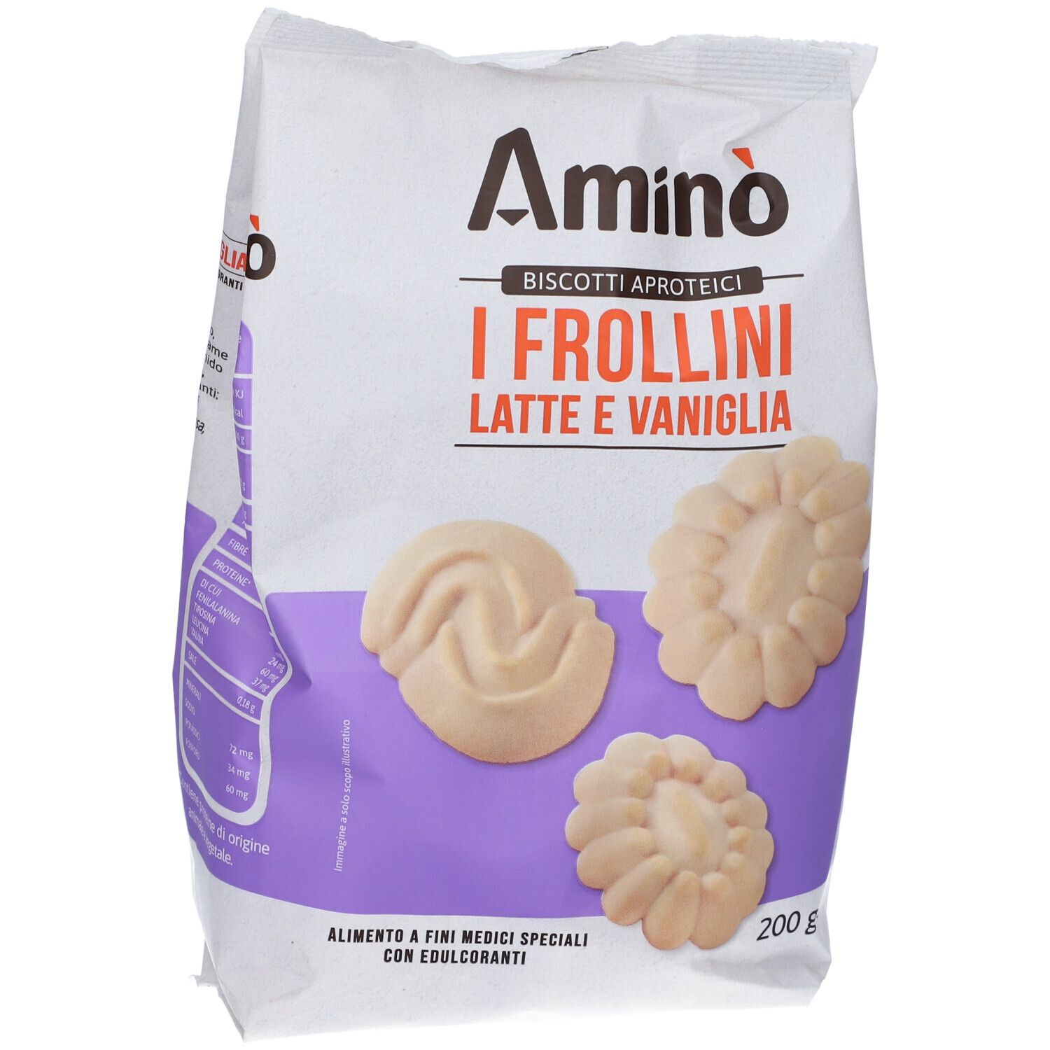 Confezione di biscotti. Scritta: Amino, I Frollini Latte e Vaniglia. 200 g. Tre biscotti sono raffigurati.