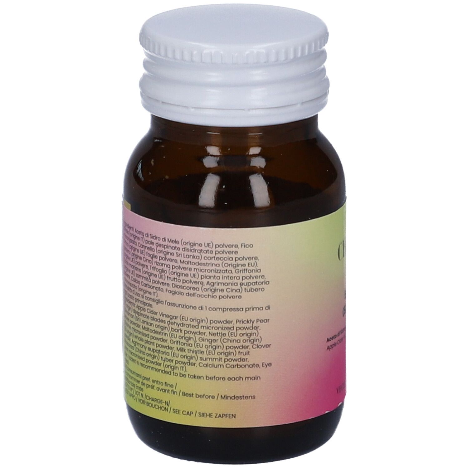 Flacone di vetro marrone con tappo bianco. Etichetta con ingredienti e informazioni. Sfondo rosa-giallo.