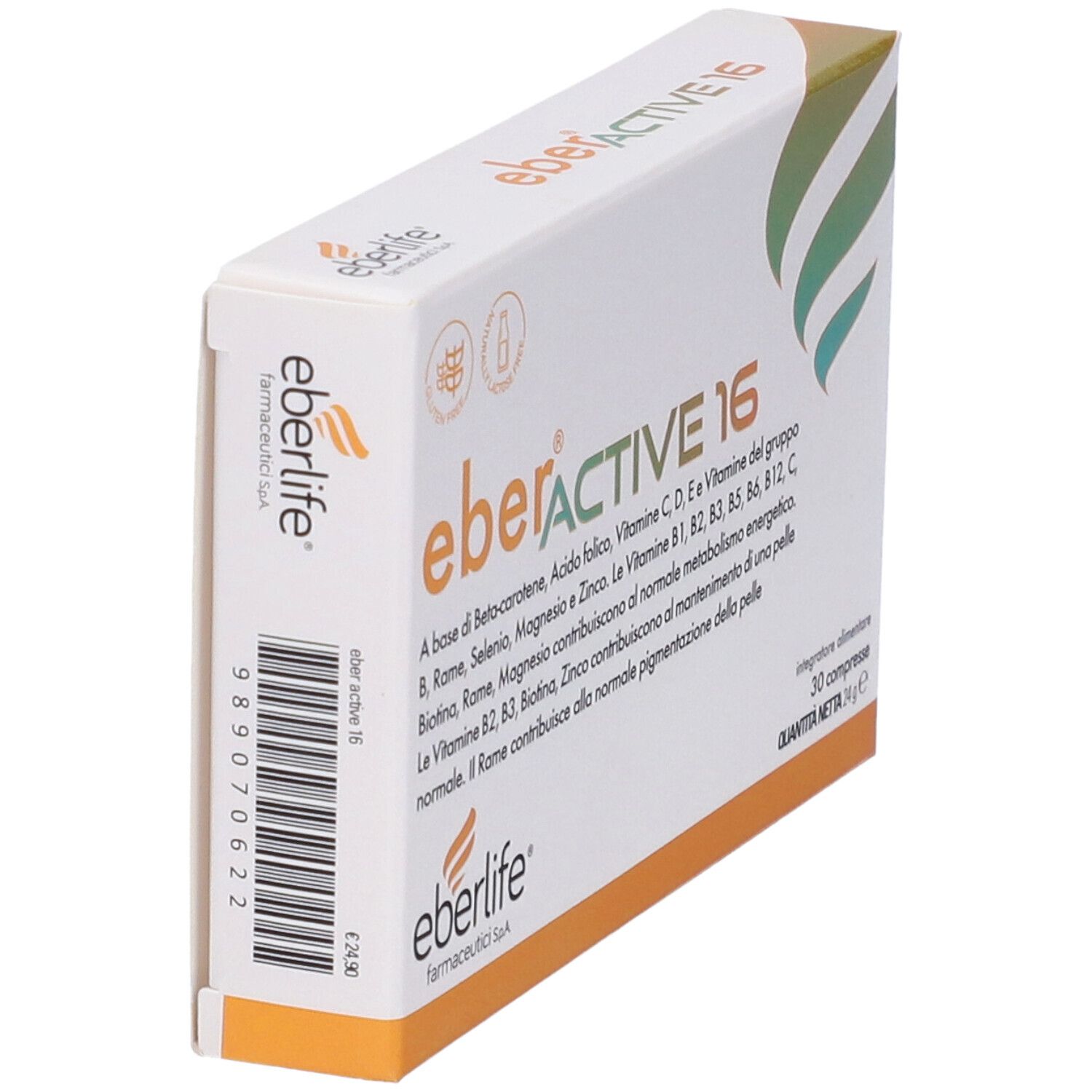 Vista obliqua della scatola di compresse "eberACTIVE 16". Stampa con nome del prodotto e ingredienti.