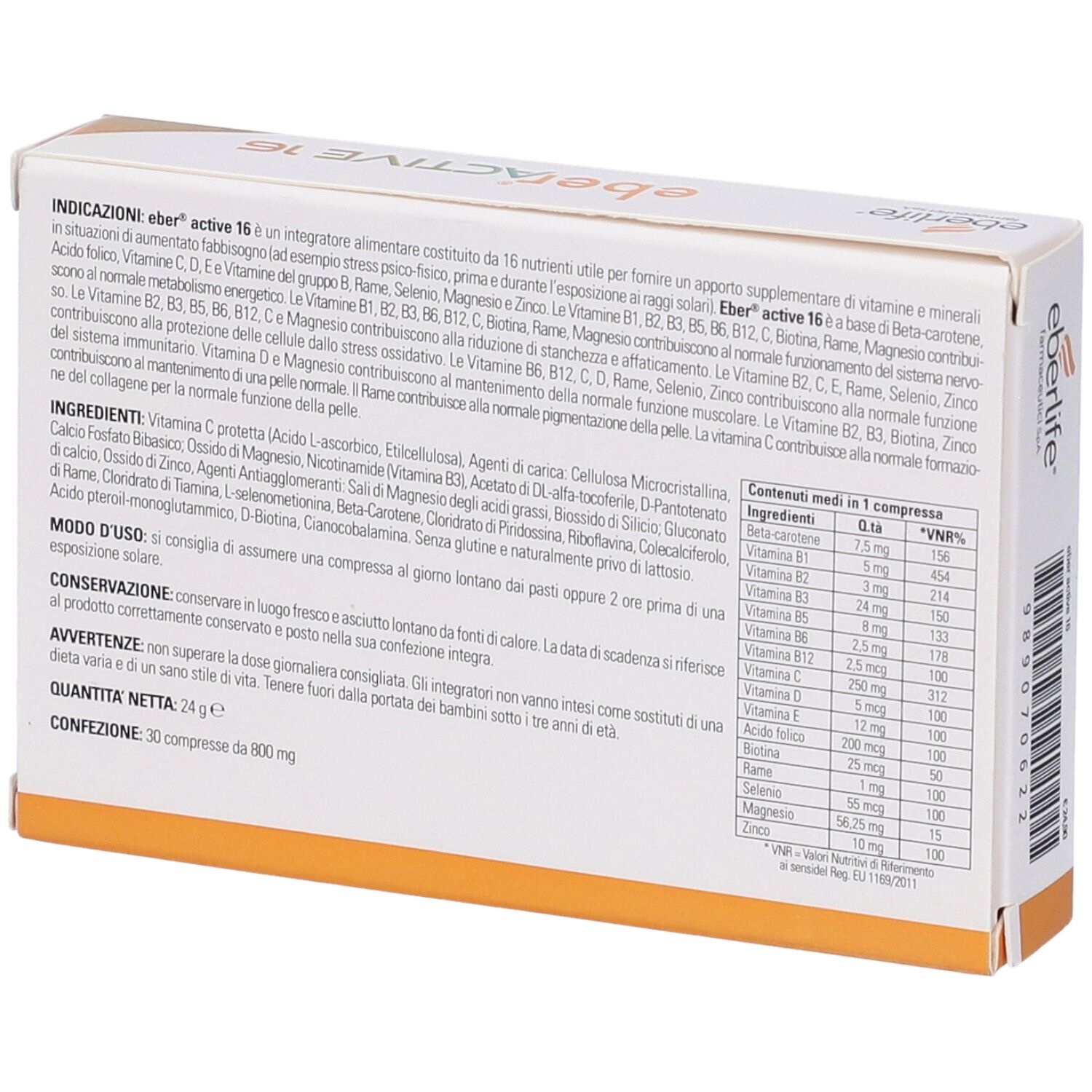Retro della scatola di compresse "eberACTIVE 16". Contiene informazioni sugli ingredienti e l'uso.