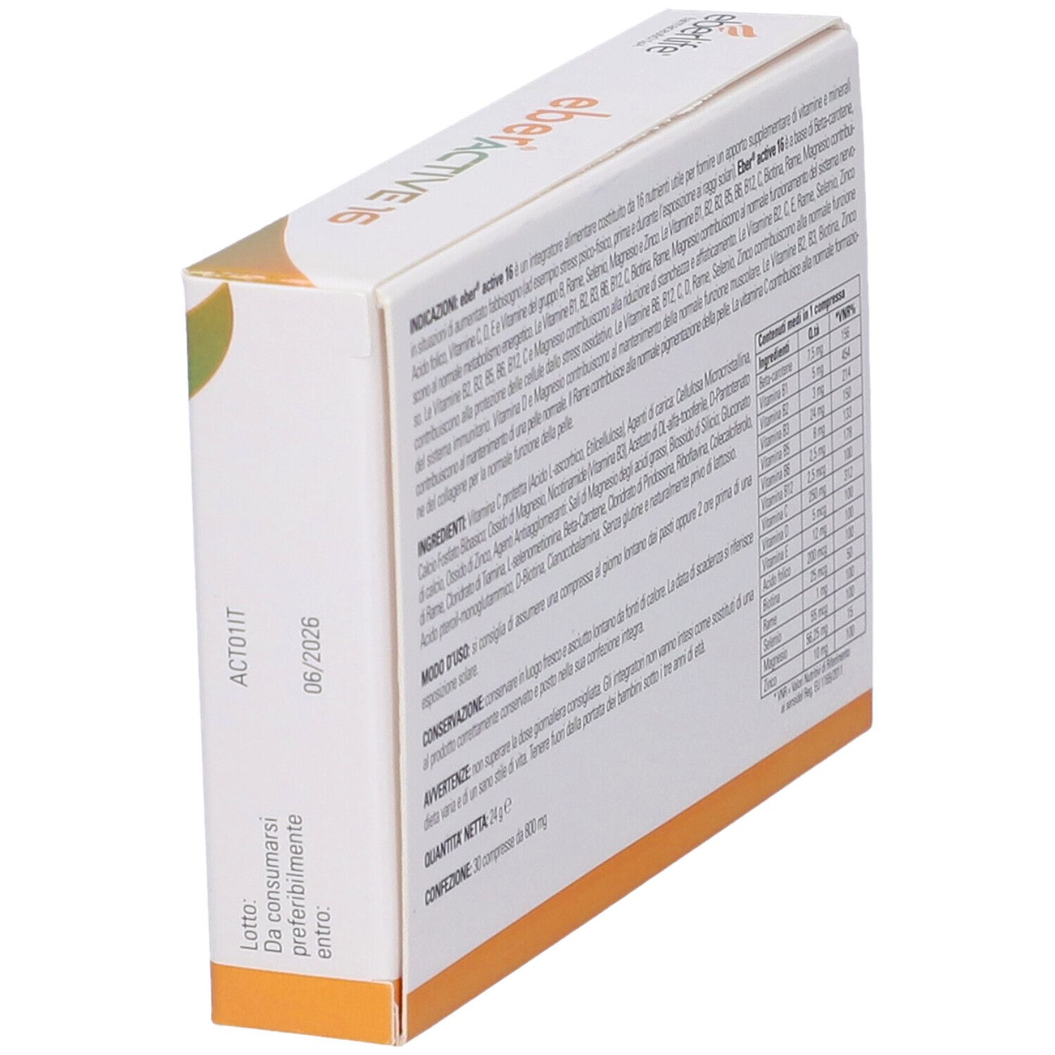 Vista obliqua del retro della scatola "eberACTIVE 16". Con informazioni e data di scadenza.
